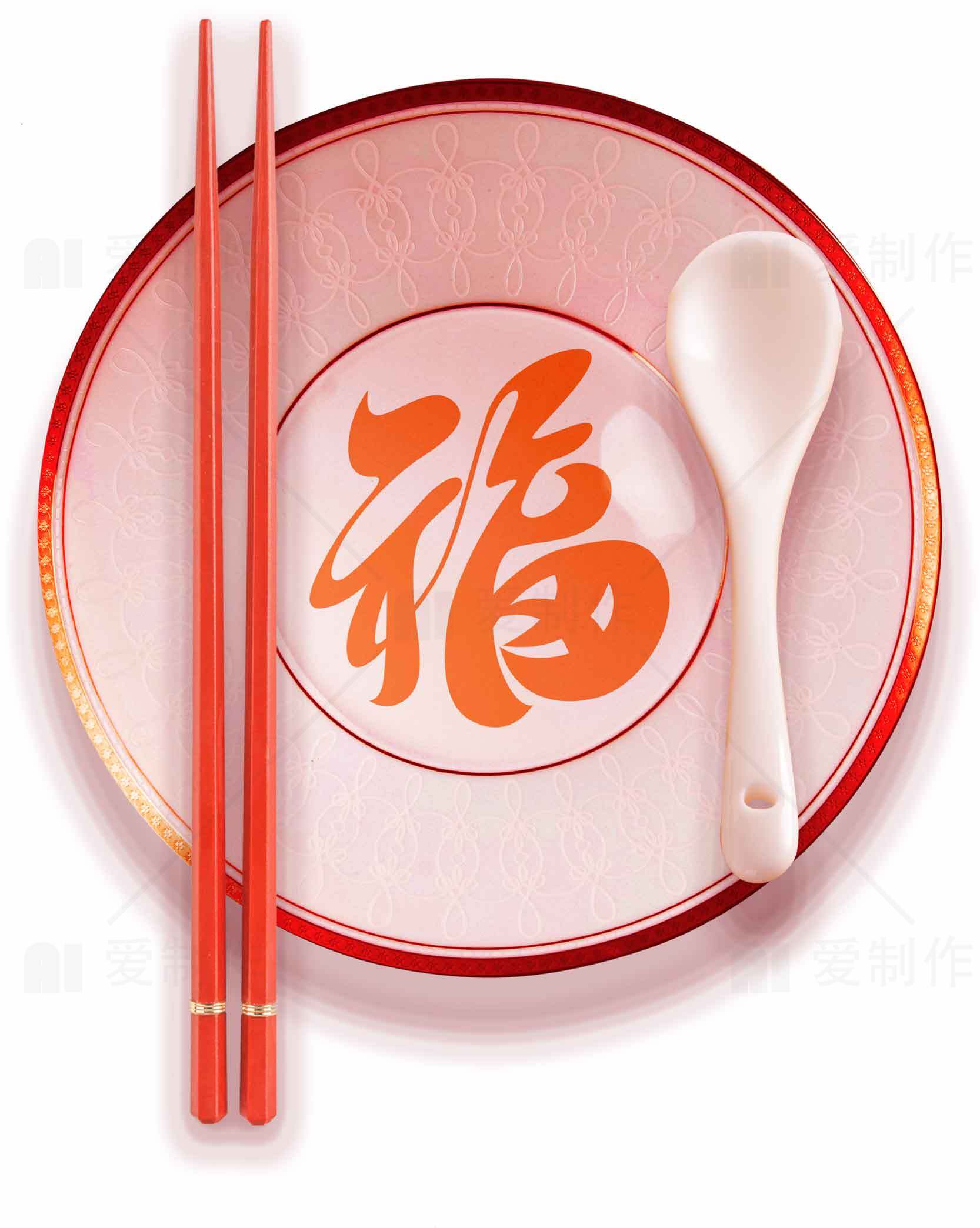 红色福字餐具图片——中式传统文化与餐桌艺术素材