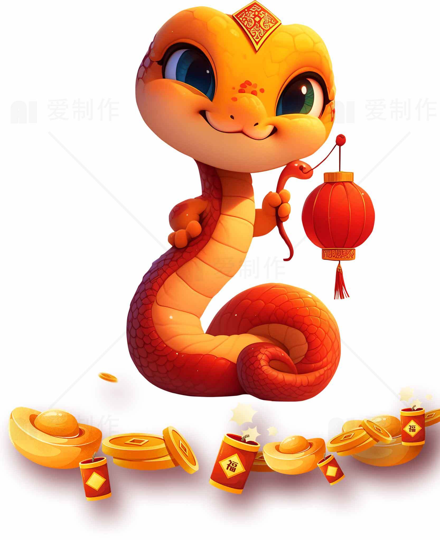 可爱蛇年吉祥物与红包灯笼插画素材