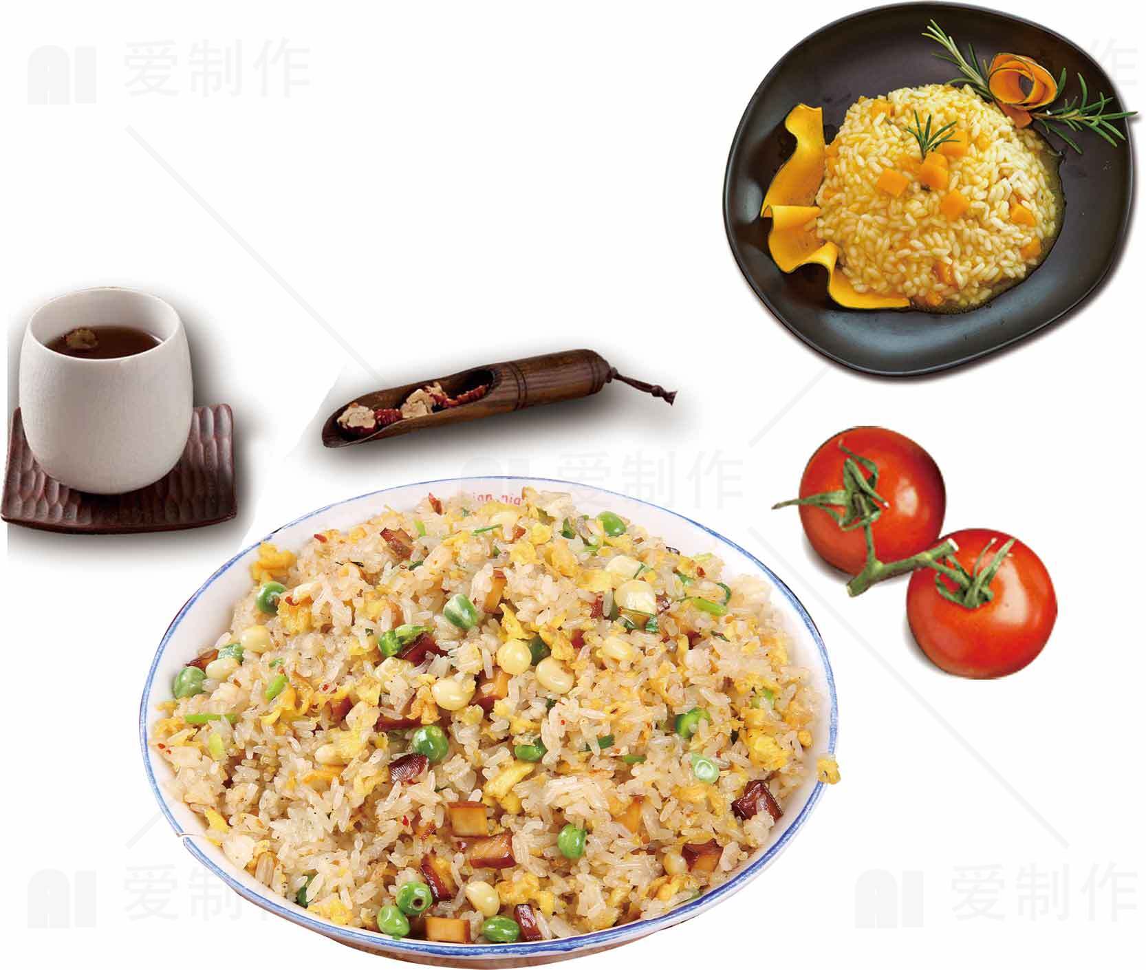 美味炒饭搭配健康饮品与水果的营养早餐素材