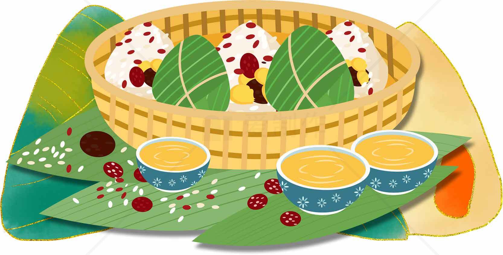端午节传统美食粽子与茶的插画设计素材