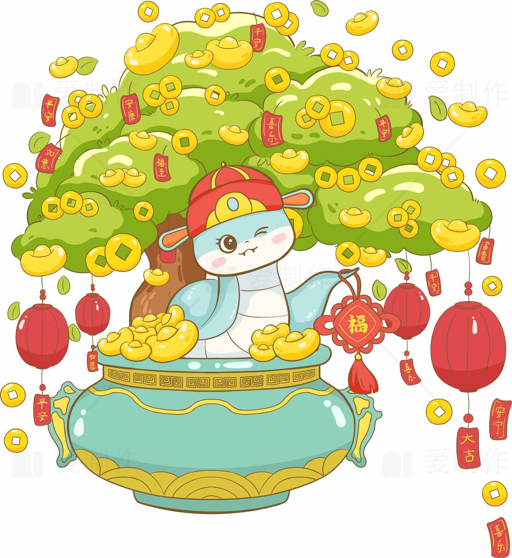 招财树与可爱生肖插画：新年好运与财富象征素材