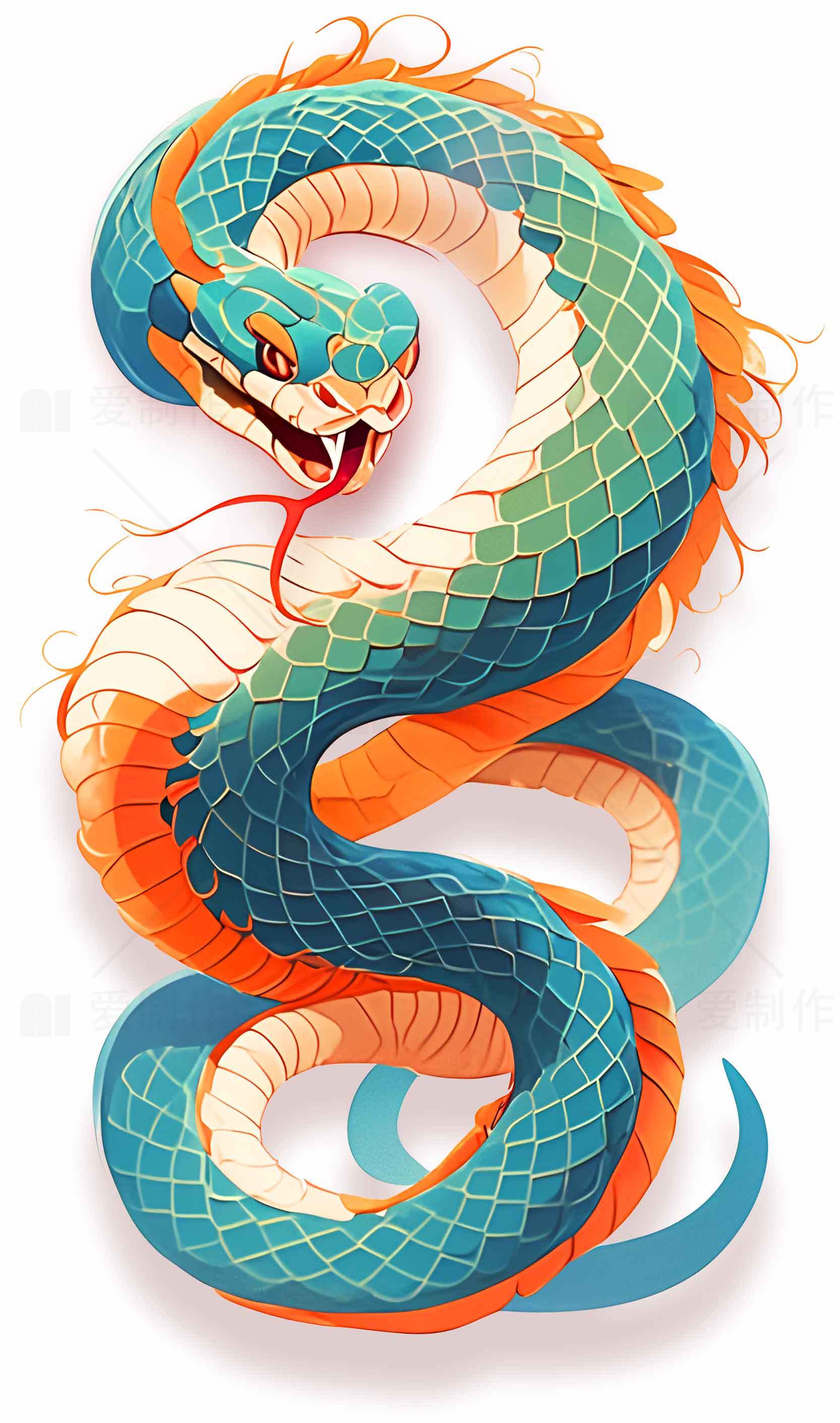 彩色手绘蛇插画：蓝绿橙色调艺术设计素材