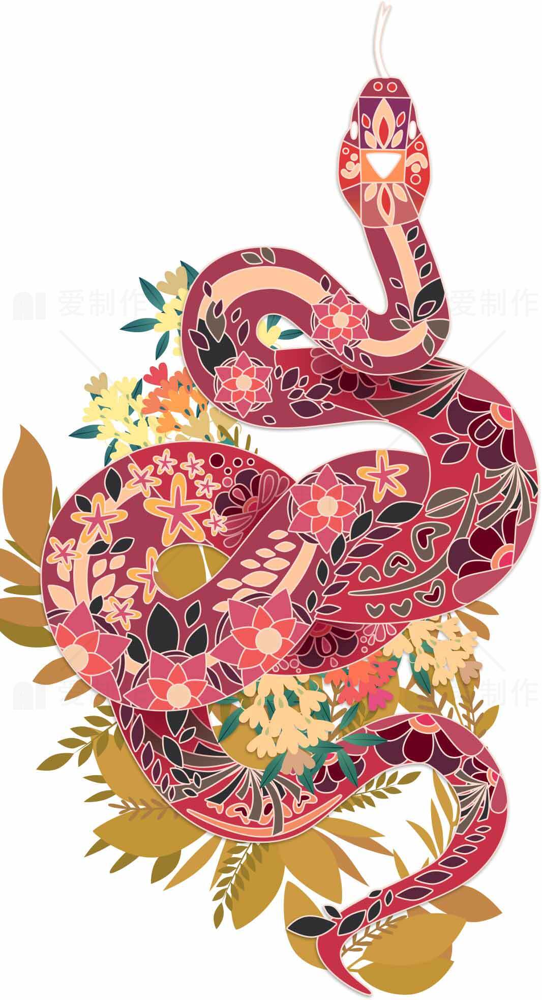 花卉装饰风格的红色蛇插画设计素材