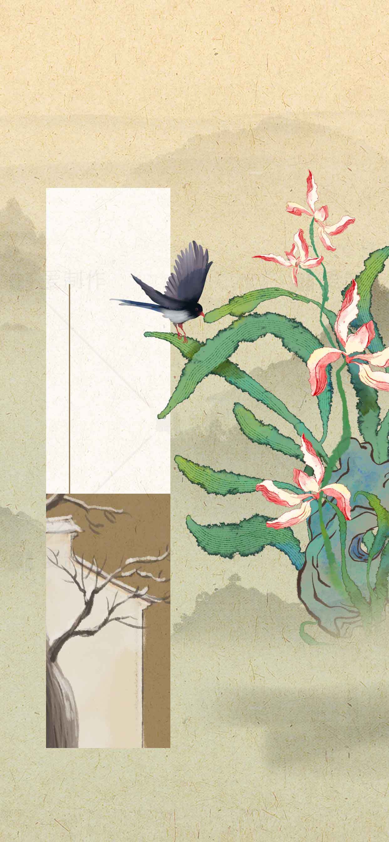 国风水墨画：燕子与花卉的唯美意境素材