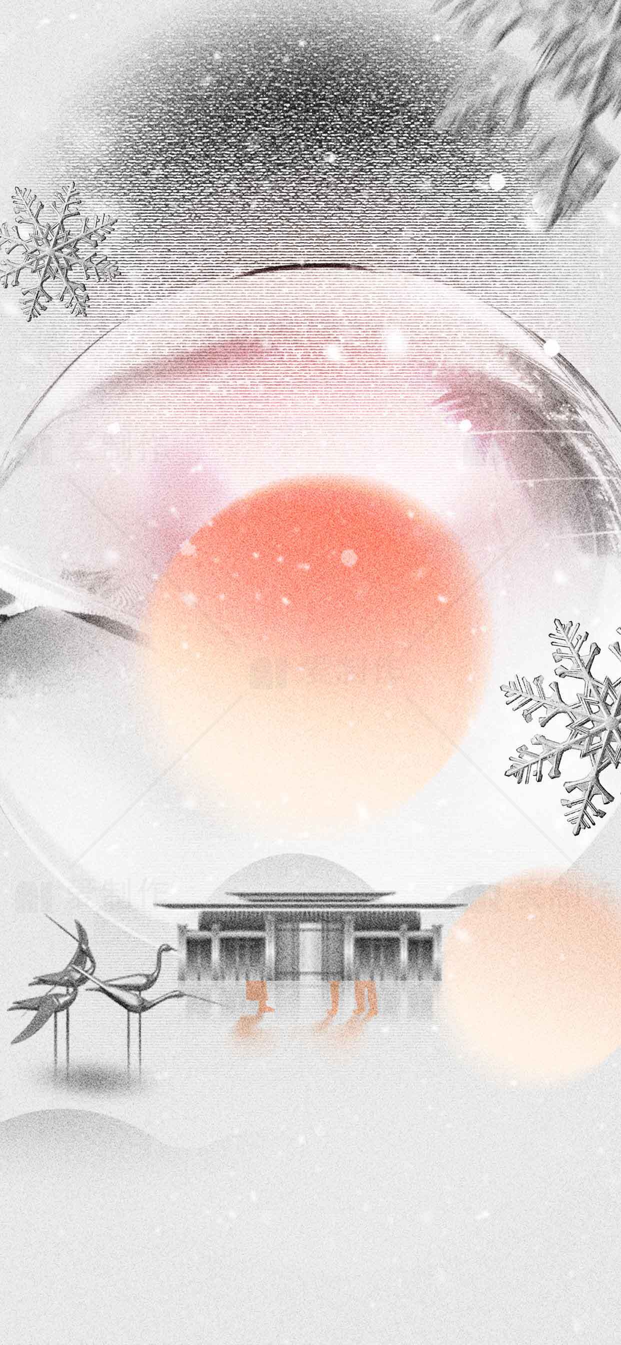 冬日雪景与东方建筑艺术插画素材