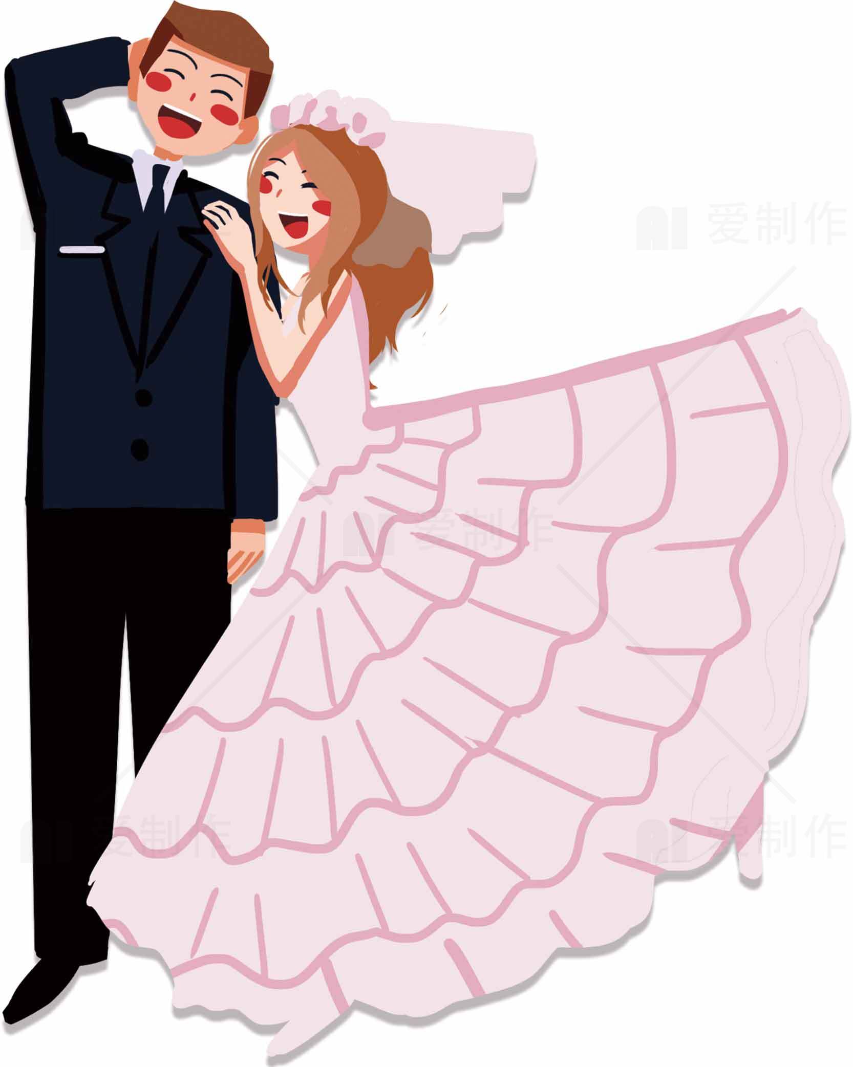 浪漫婚礼插画：新娘与新郎的甜蜜瞬间素材