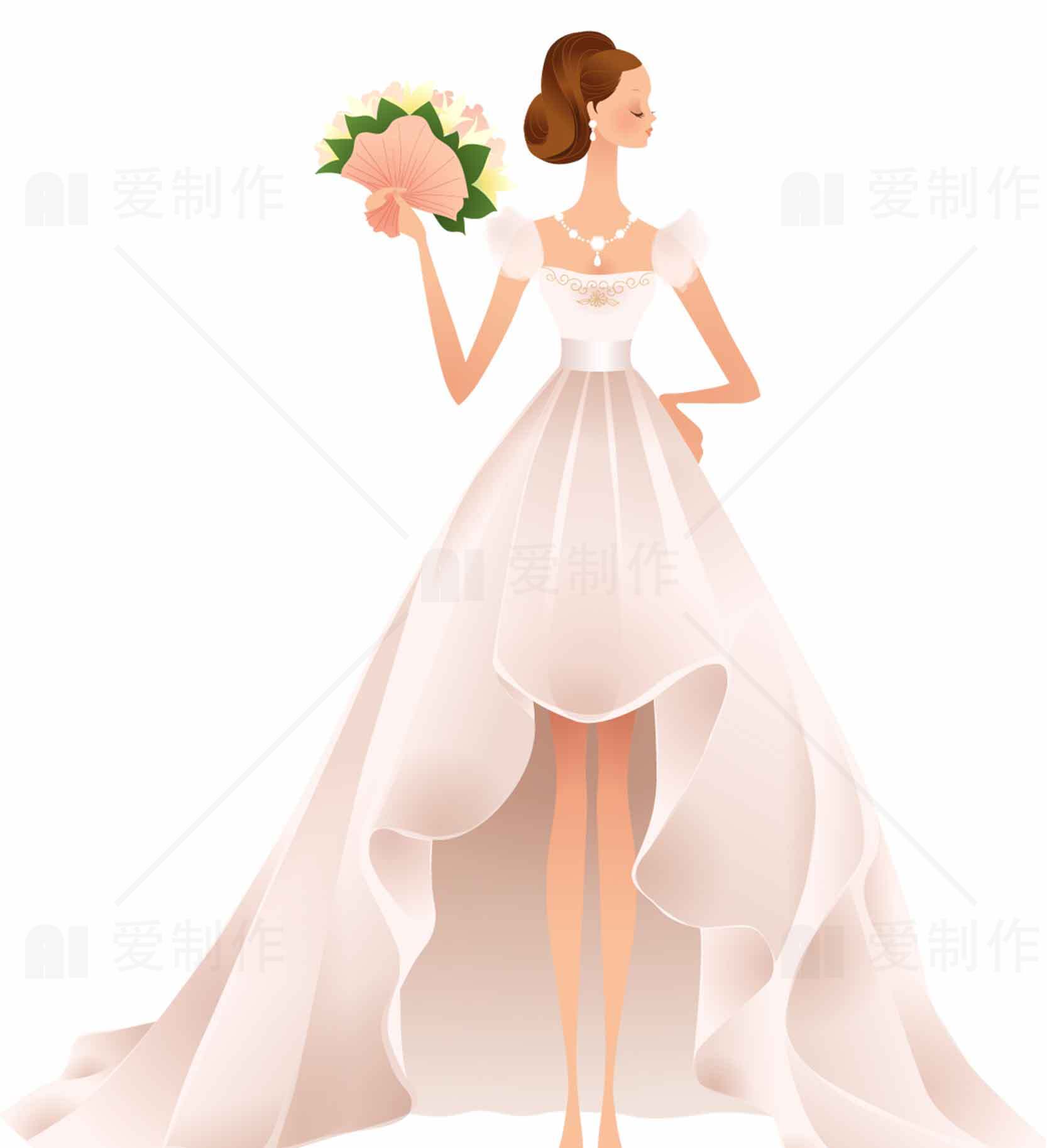 唯美新娘插画：浪漫婚纱设计与花束搭配素材