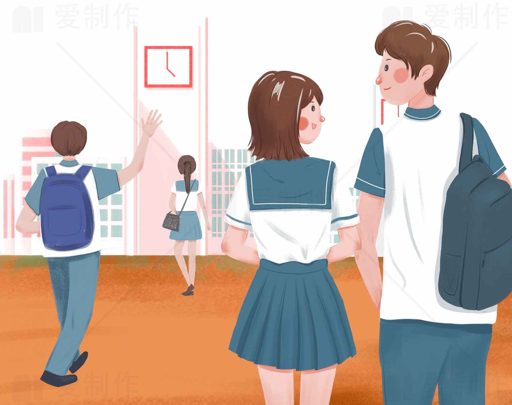 校园青春插画：学生放学场景素材
