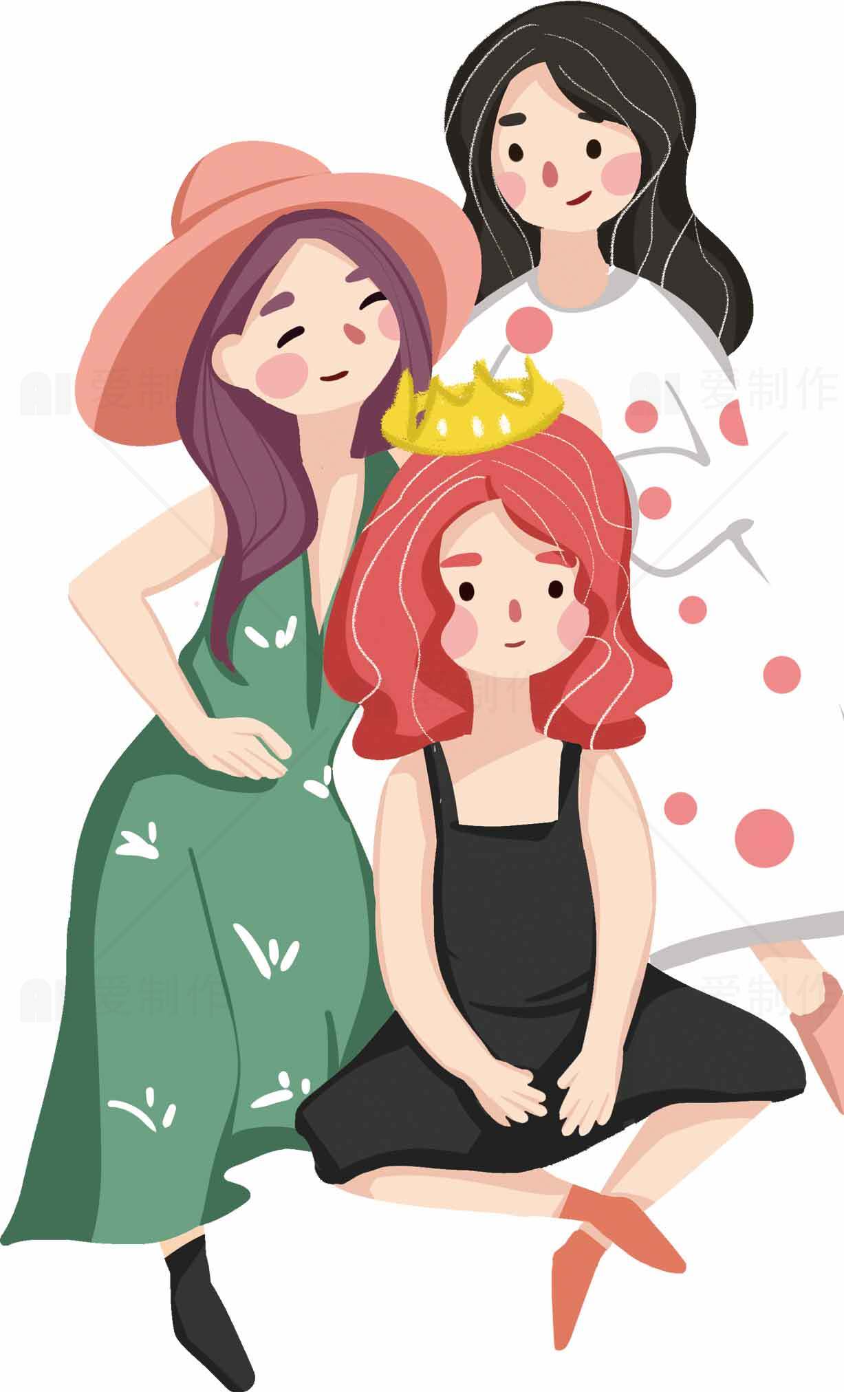 卡通风格闺蜜插画：夏日时尚与友谊素材