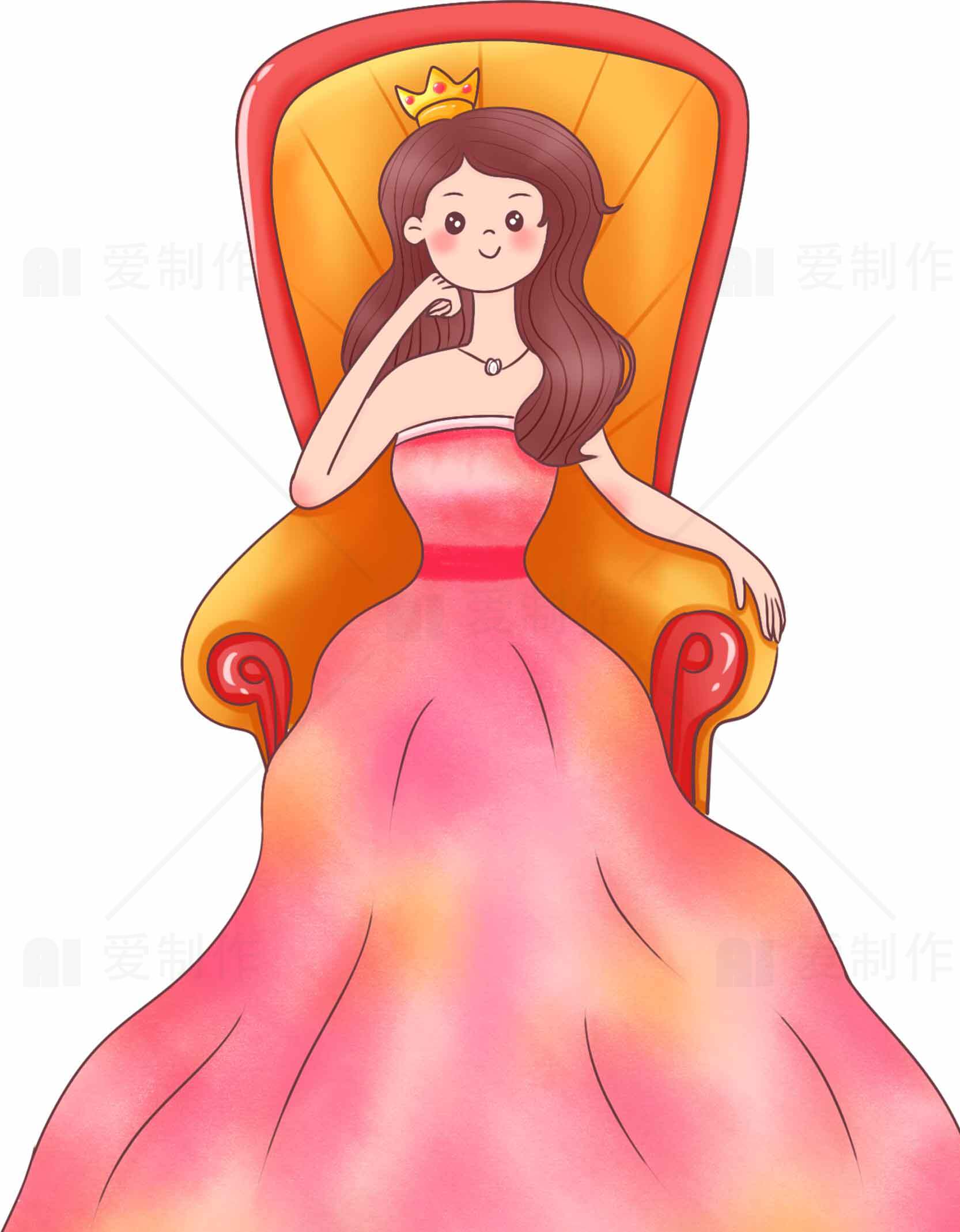 卡通公主坐在华丽椅子上的插画图片素材