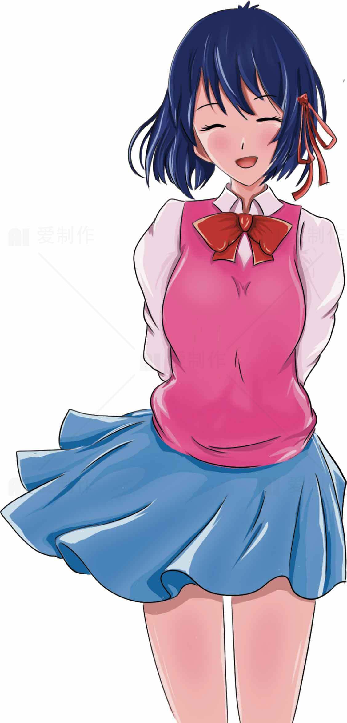 二次元少女粉蓝配色插画素材