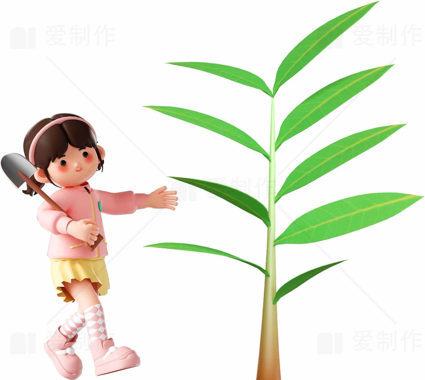 卡通女孩种植小树苗插画素材