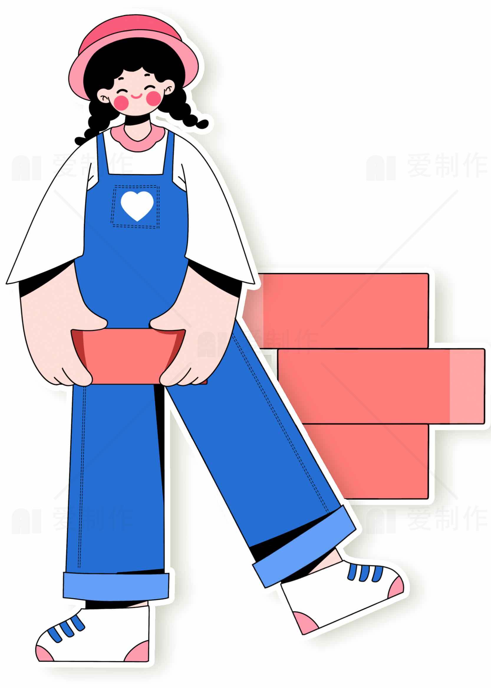 卡通女孩搬砖插画设计素材
