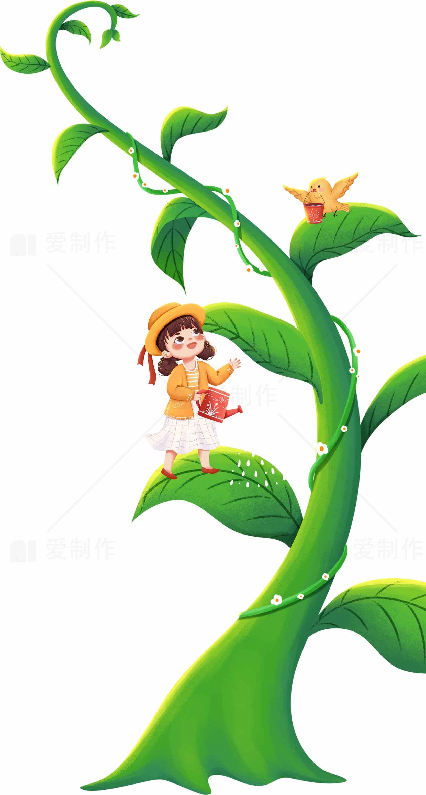 童话风格绿藤与小女孩插画素材