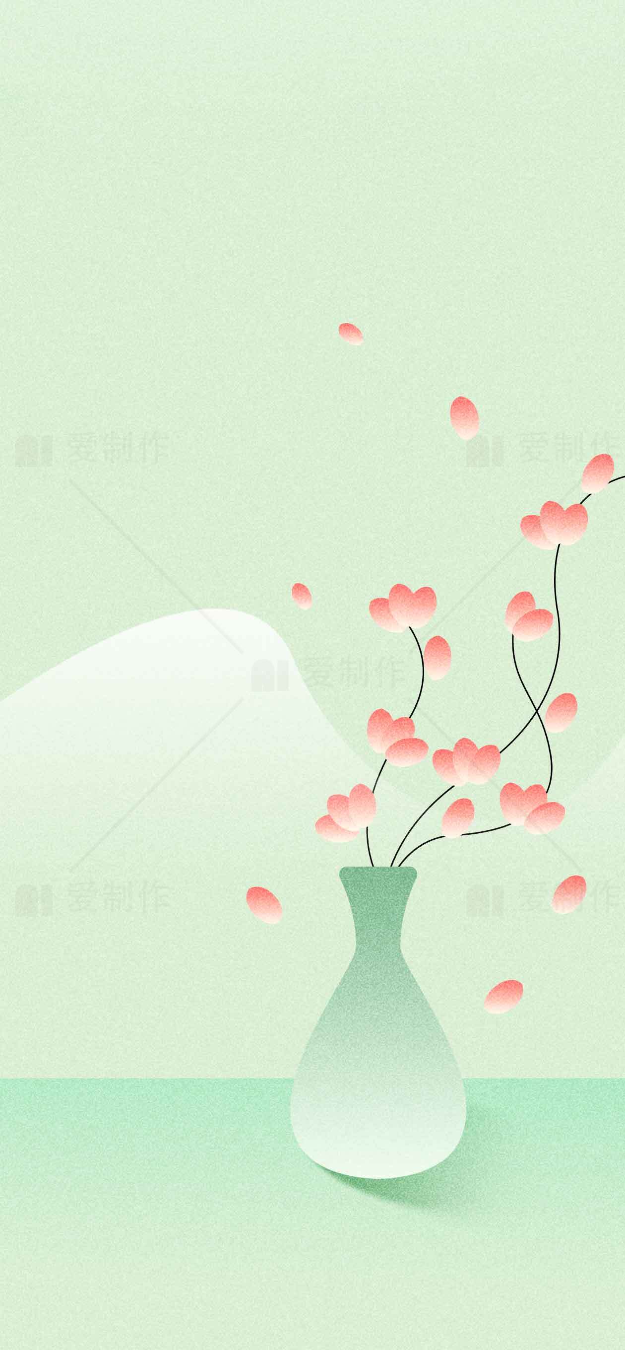简约清新插画风格花瓶与粉色花瓣背景图片素材