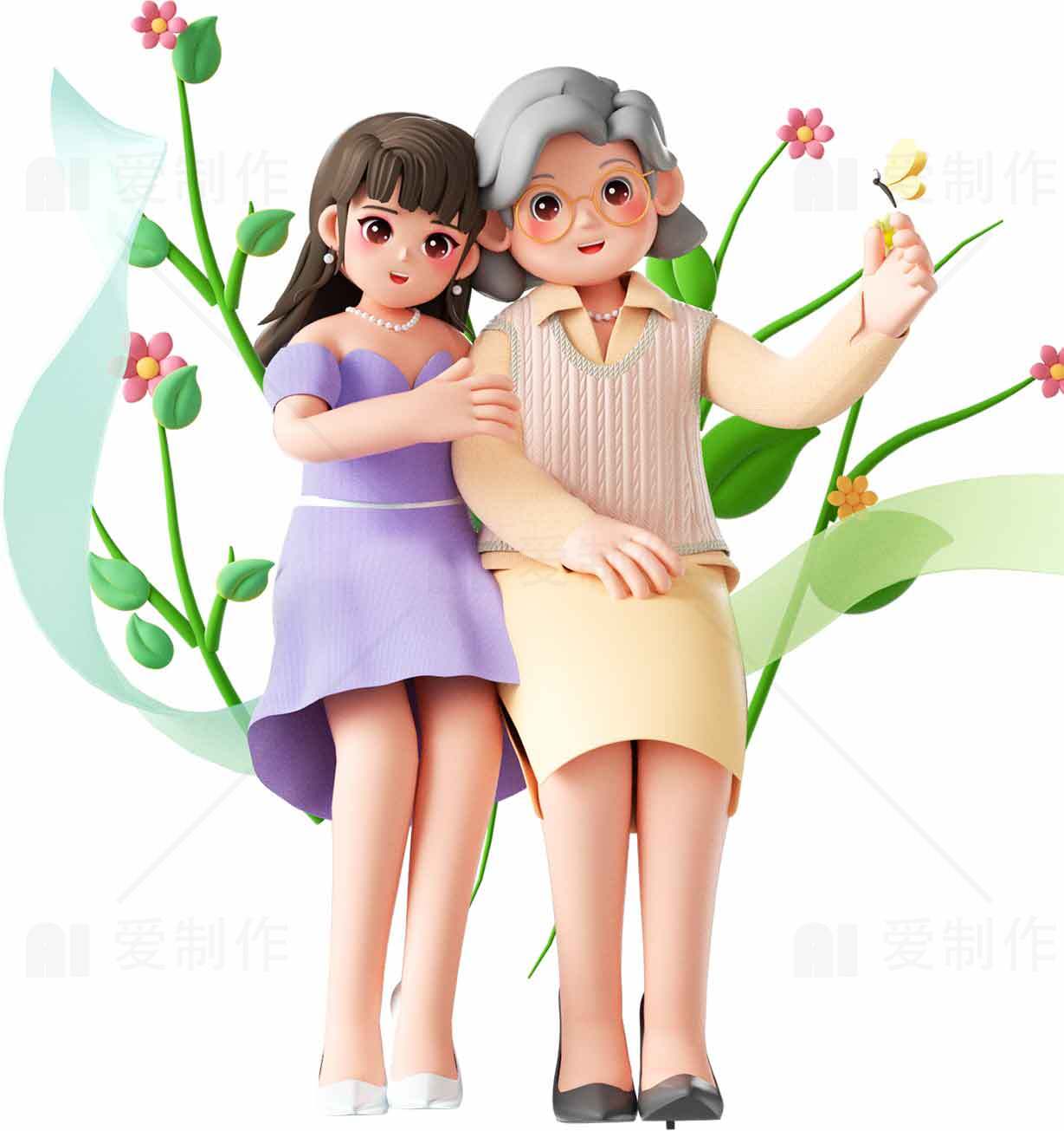 祖孙温馨时光卡通插画素材
