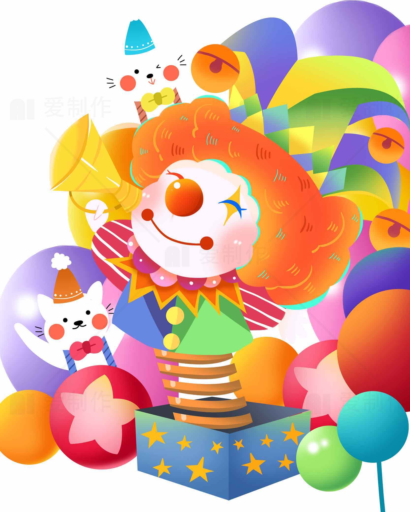 小丑气球插画：欢乐缤纷的卡通艺术设计素材