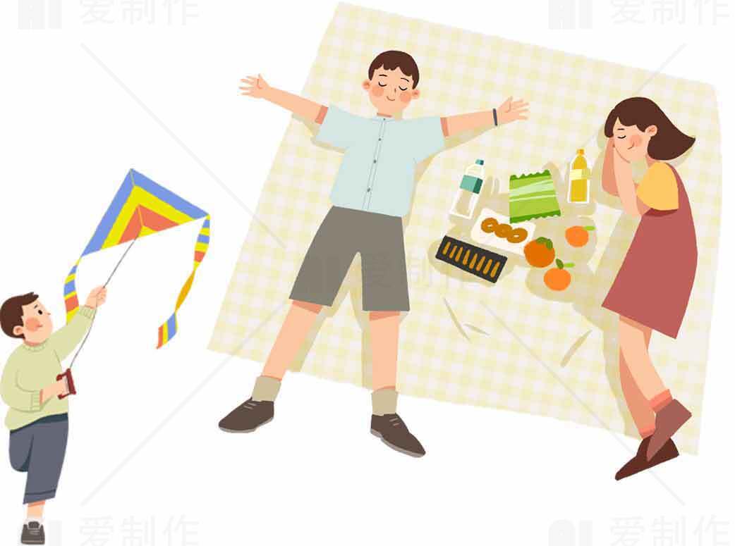 家庭野餐与放风筝的温馨场景插画素材