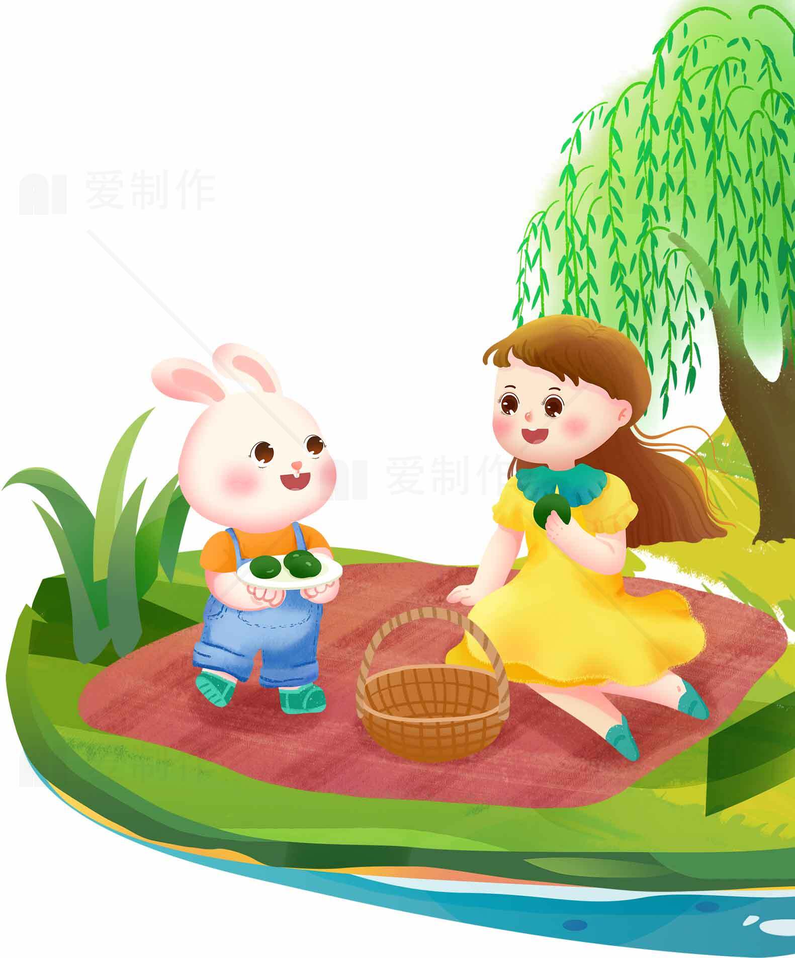 儿童与小兔子的野餐插画素材
