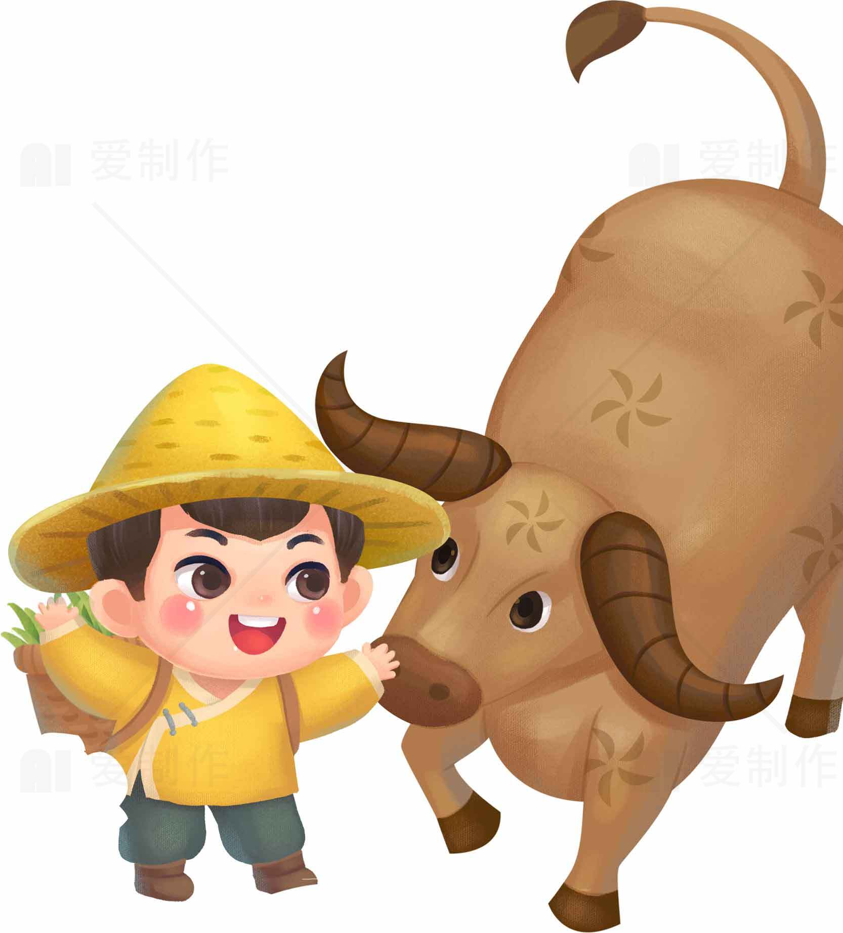 卡通农夫与水牛插画图片素材