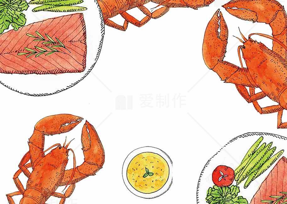海鲜美食插画：龙虾与三文鱼的美味搭配素材