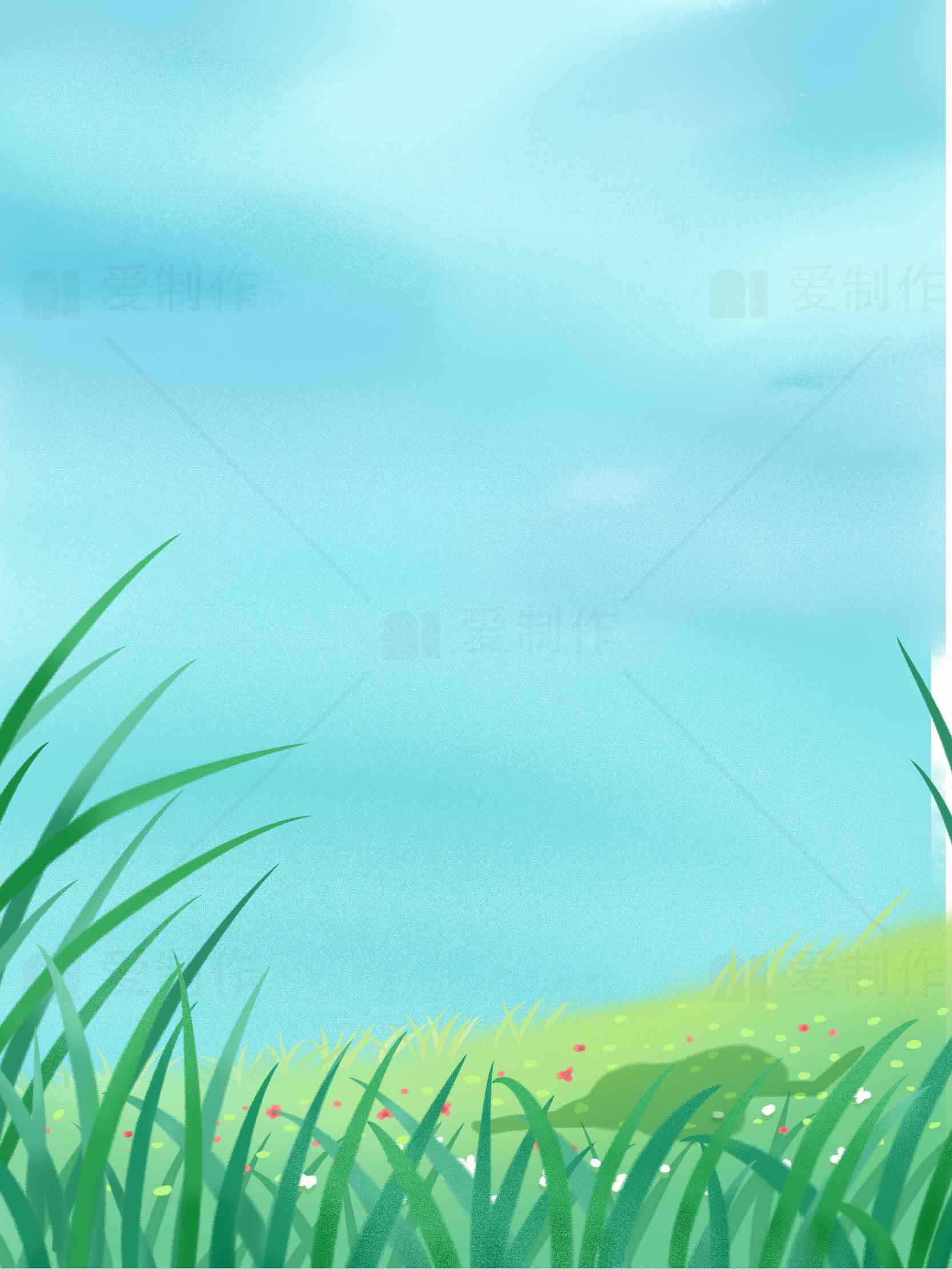 清新自然风景插画：蓝天与绿色草地的和谐美景素材