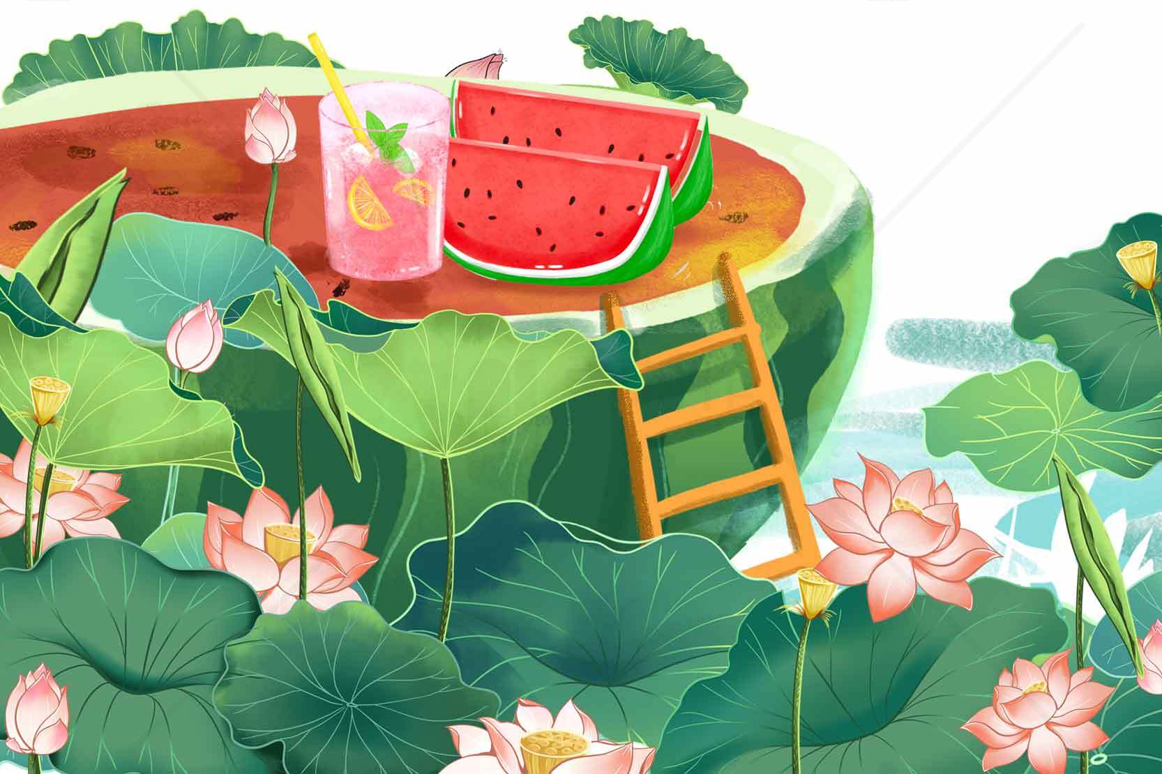 夏日荷塘西瓜清凉创意插画素材