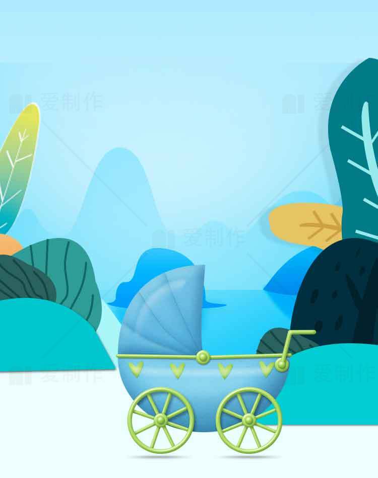 蓝色童车与自然背景插画设计素材