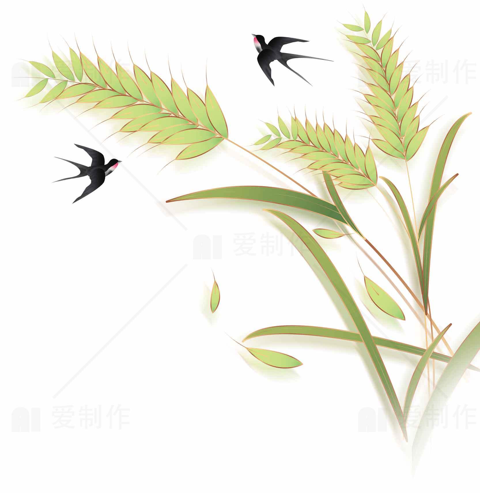 春天的燕子与绿色麦穗插画设计素材