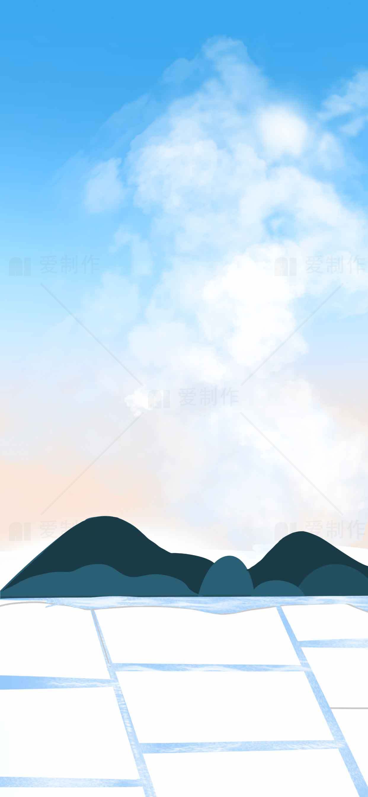 蓝天白云与远山风景插画背景素材