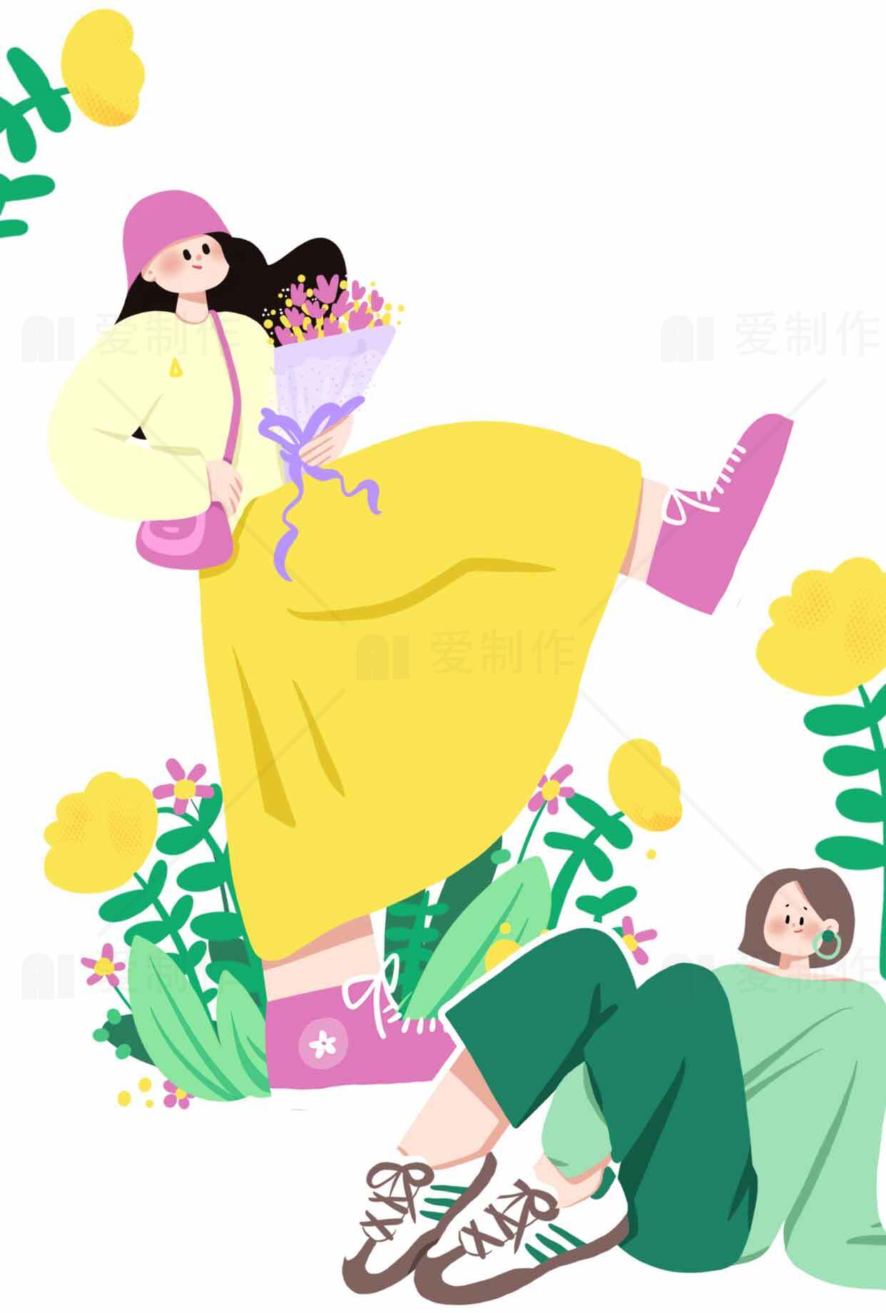 春日清新插画风格女性与花卉场景素材