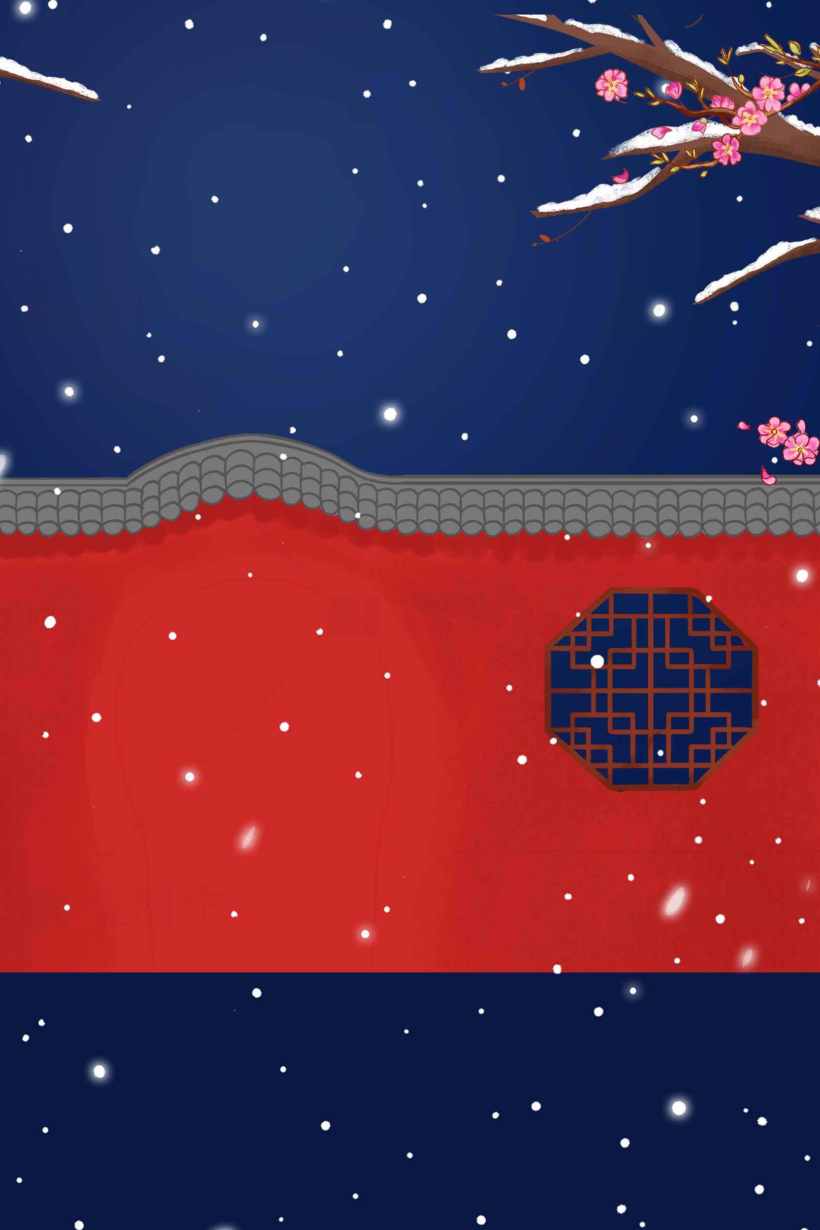 中国传统红墙雪景插画背景素材