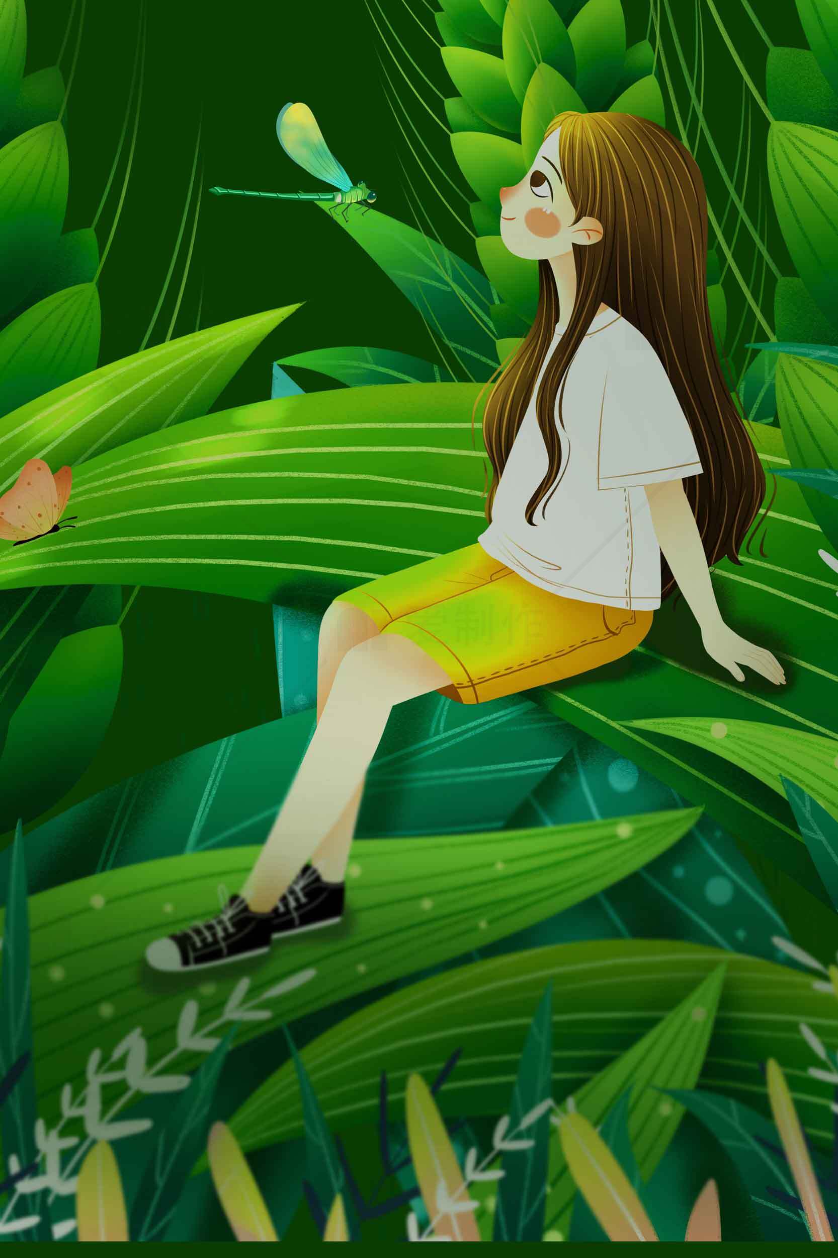 森林中的女孩插画唯美意境图片素材