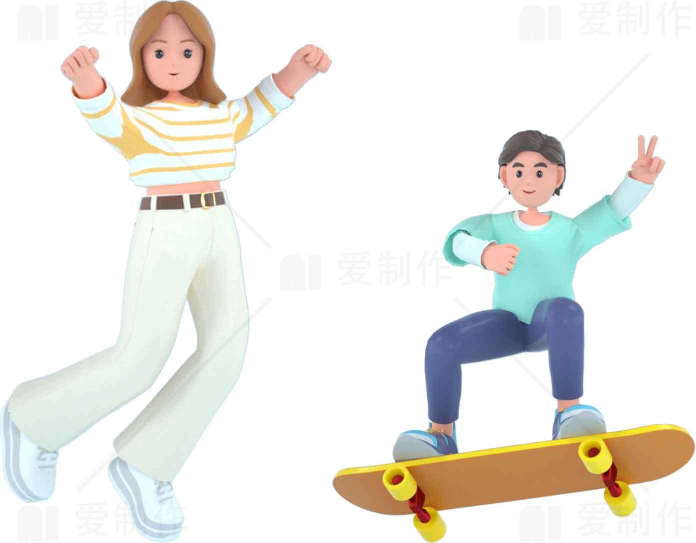 卡通风格滑板与跳跃人物插画设计素材
