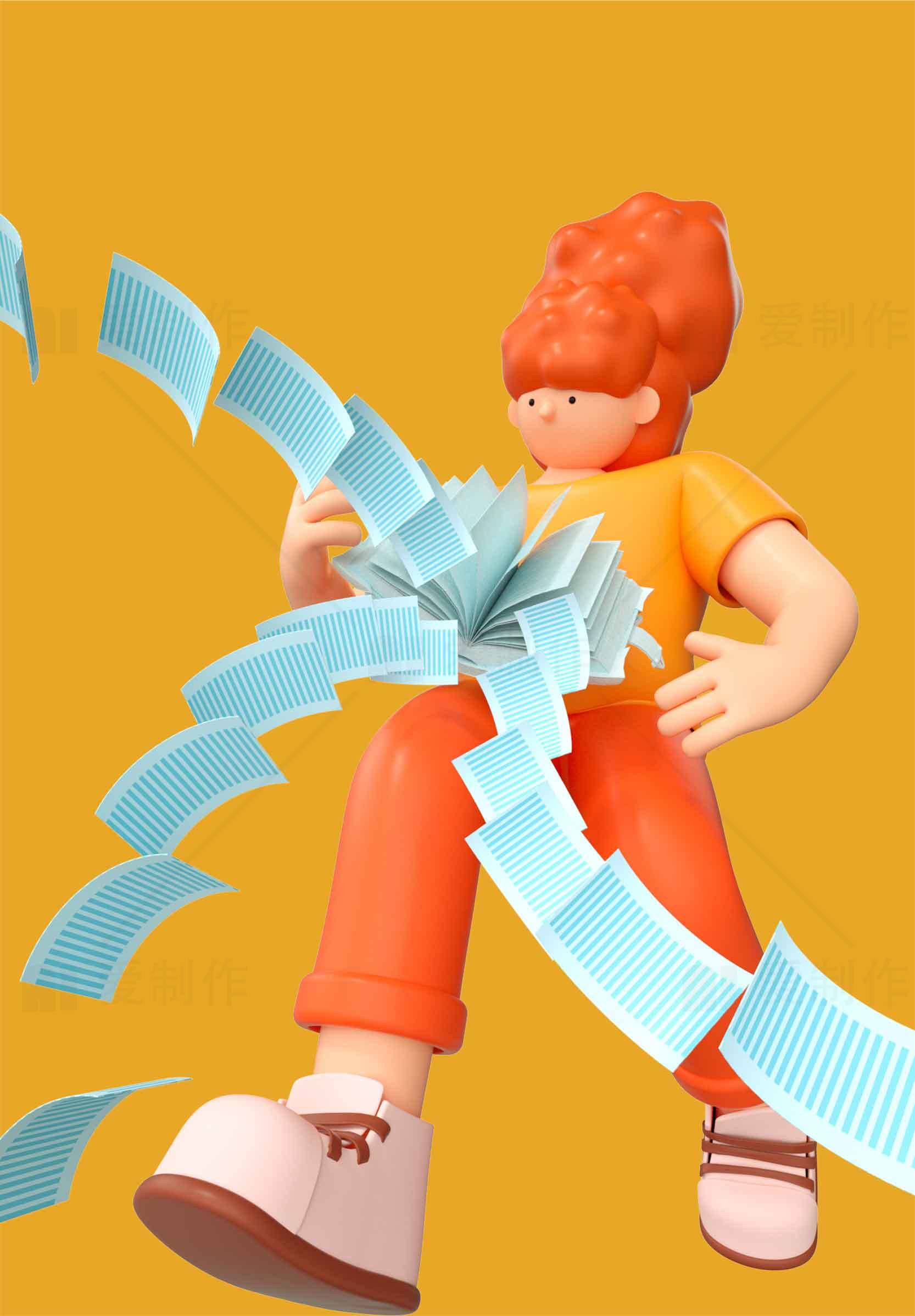 创意3D卡通人物与飞舞纸张设计素材