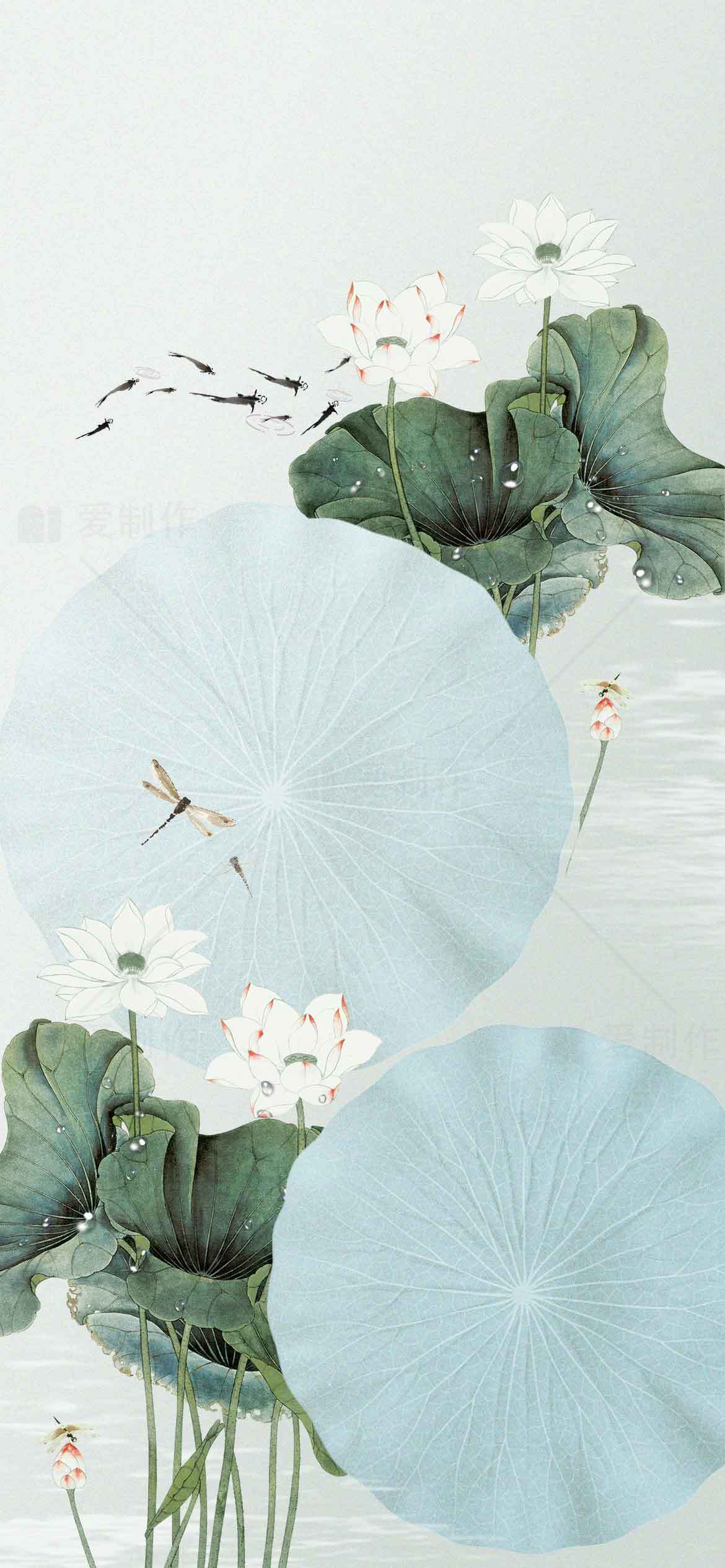 清新荷花水墨画背景图片素材