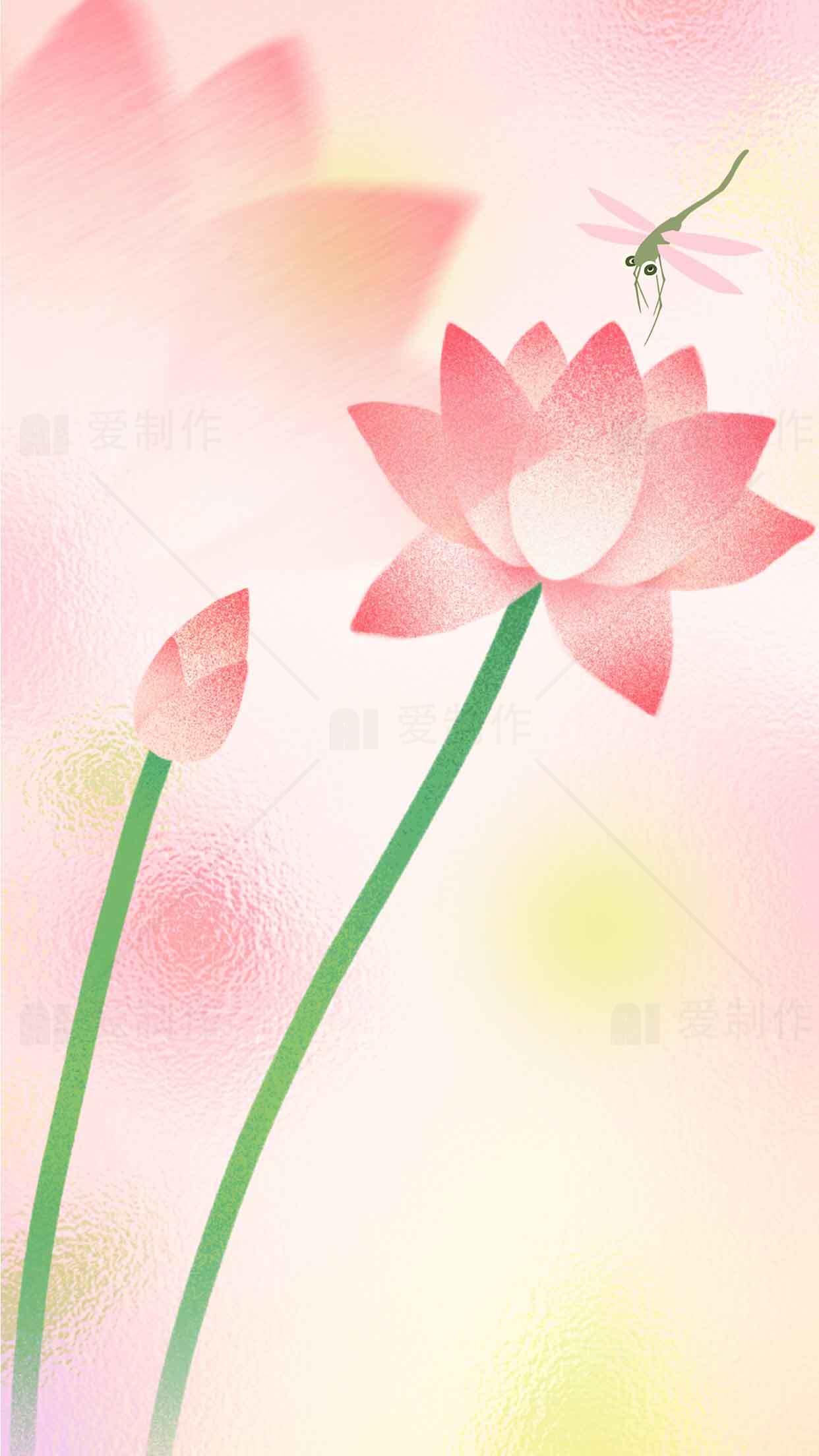 唯美粉色荷花与蜻蜓插画背景图片素材