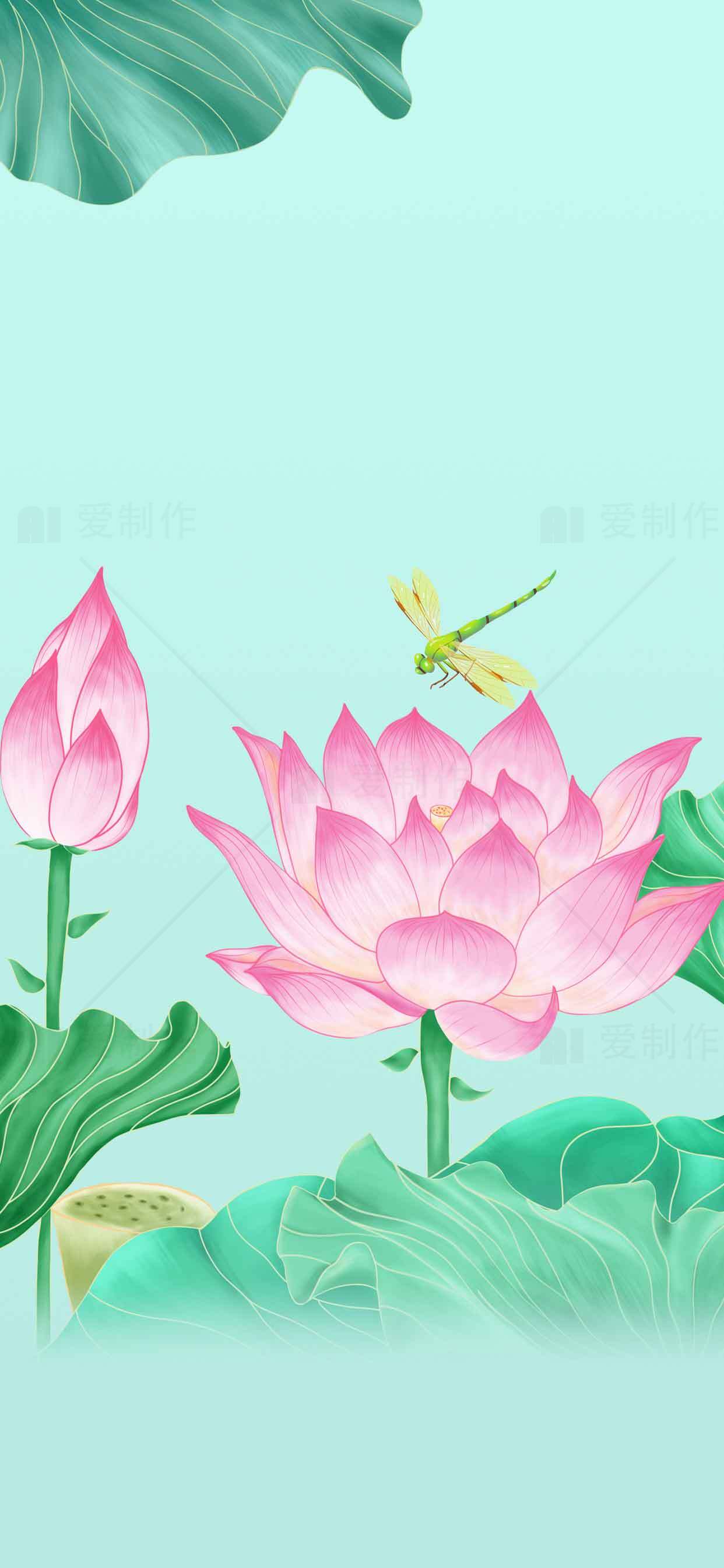 清新荷花与蜻蜓唯美插画背景素材