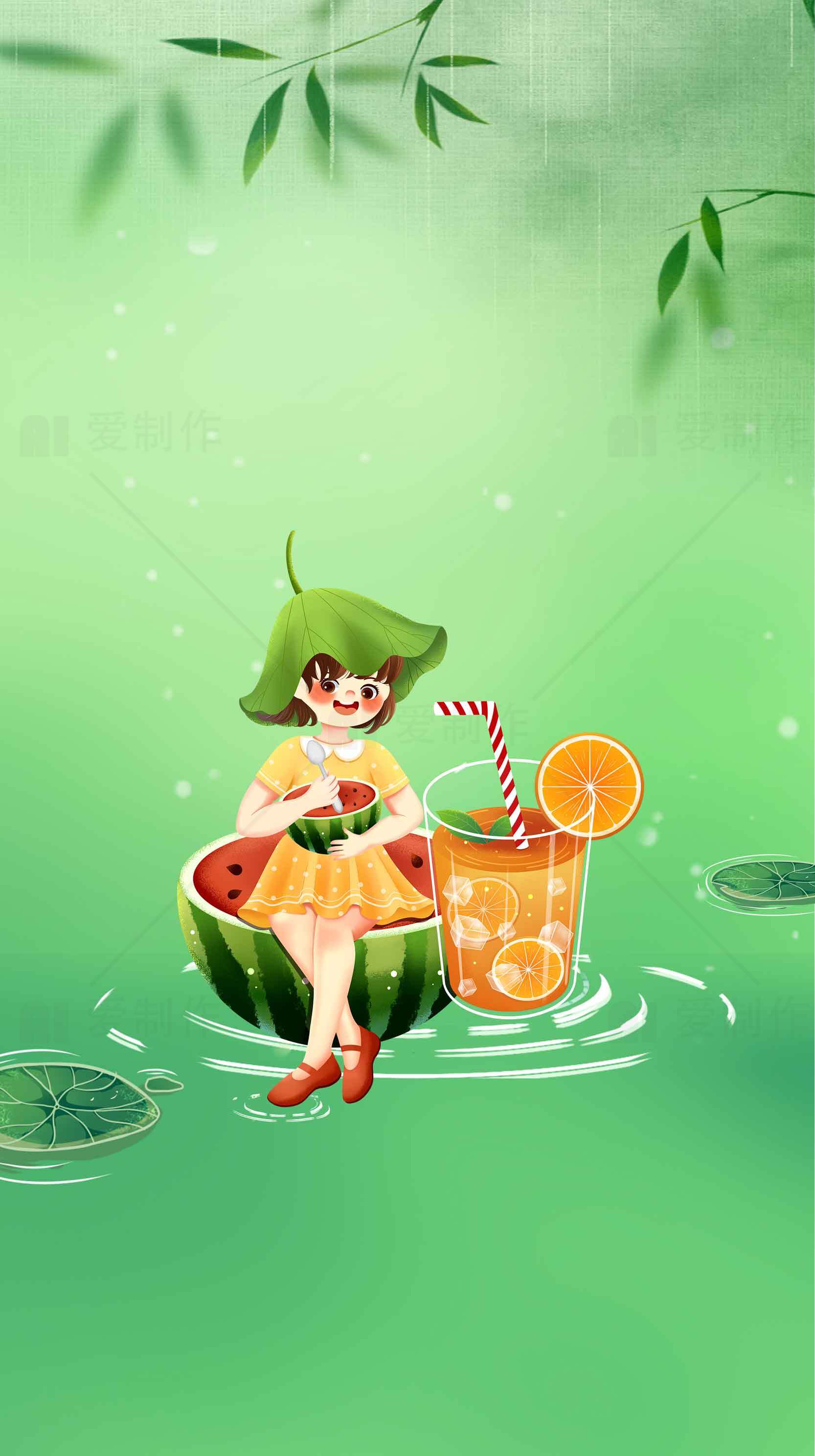 夏日清新西瓜女孩插画壁纸素材