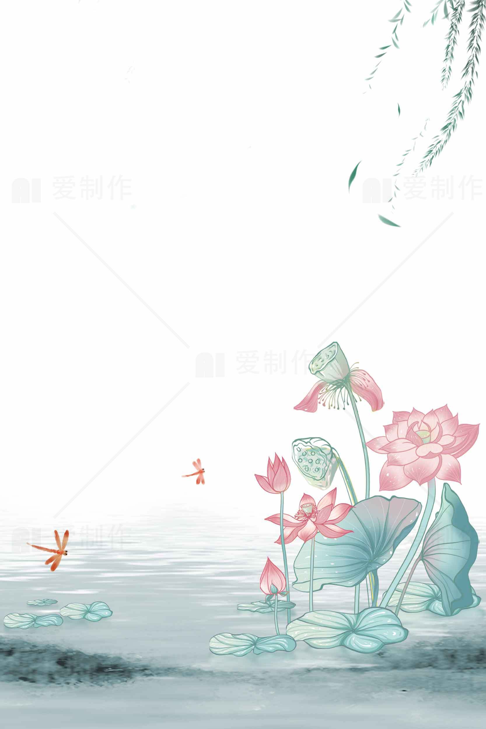 唯美荷花与蜻蜓水墨画背景图片素材