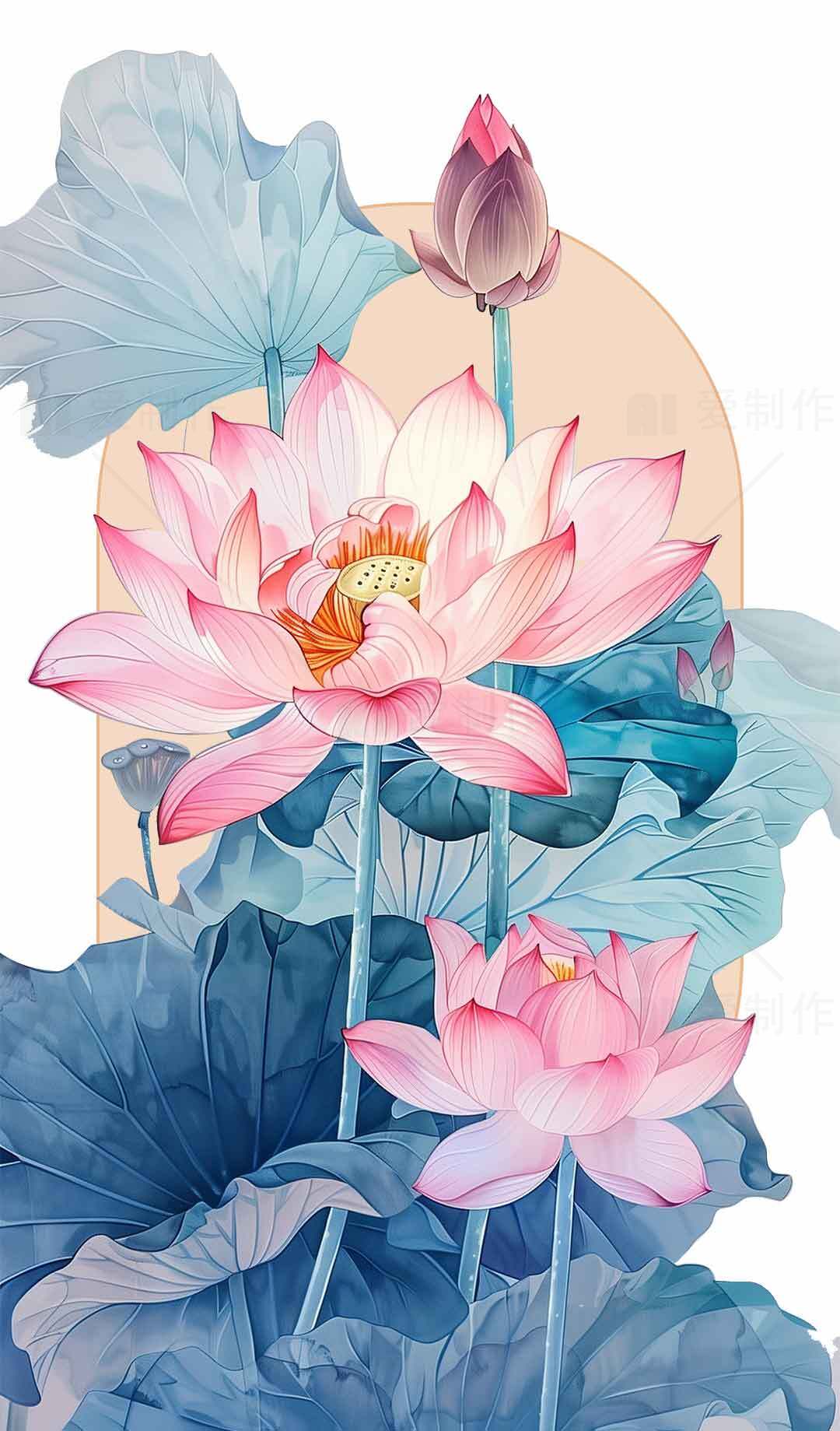 唯美手绘荷花插画图片素材
