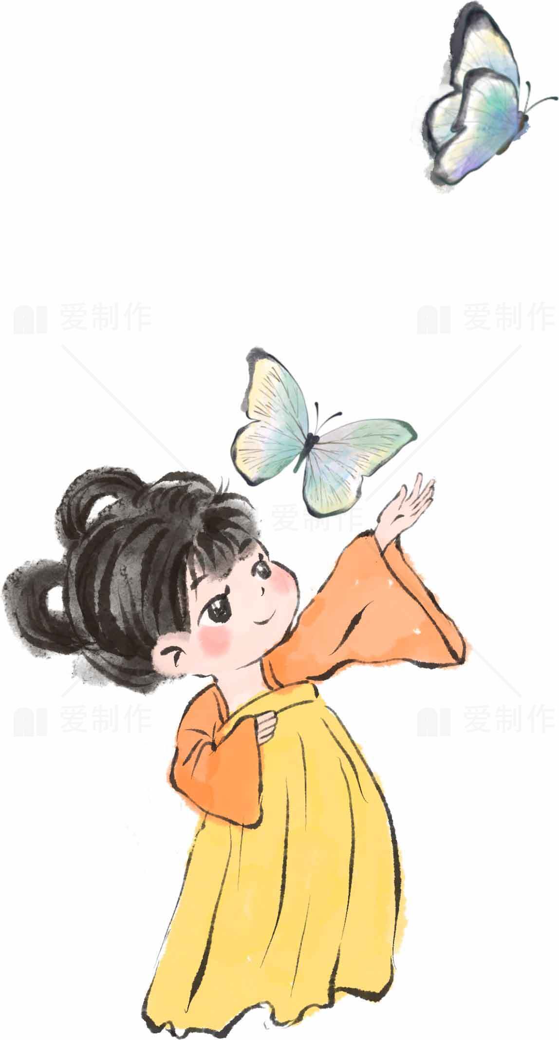 古风童趣插画：女孩与蝴蝶的唯美邂逅素材