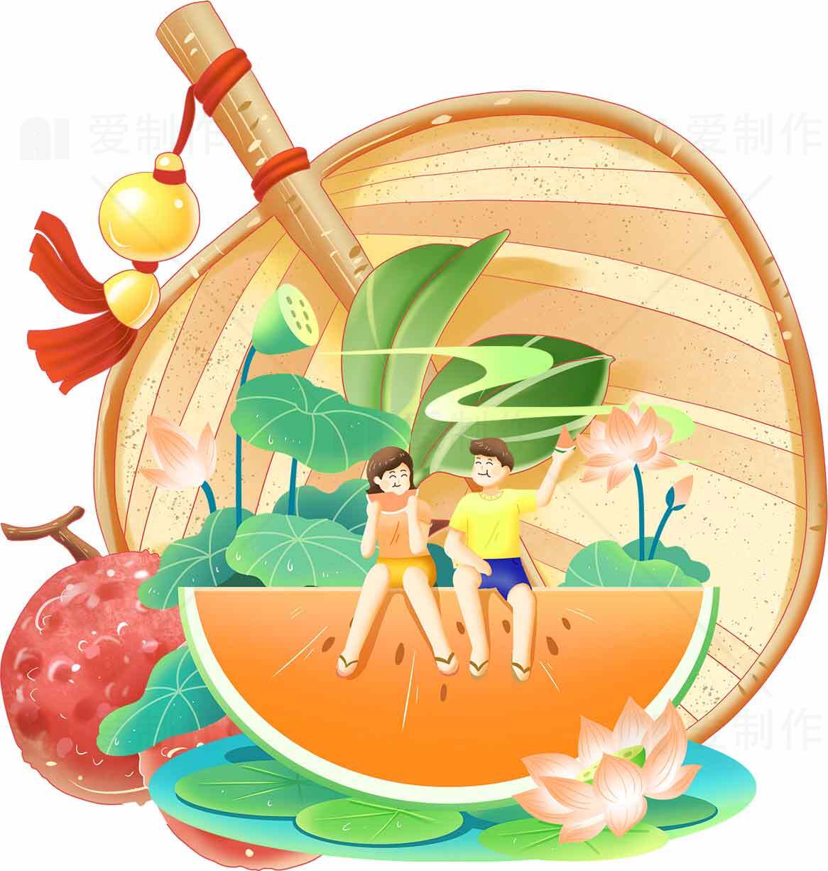 夏日清凉插图：男女坐西瓜上蒲扇背景卡通设计素材