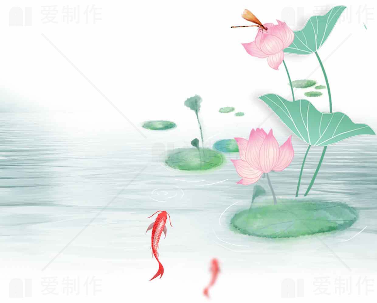 唯美荷花与锦鲤水墨画意境图素材