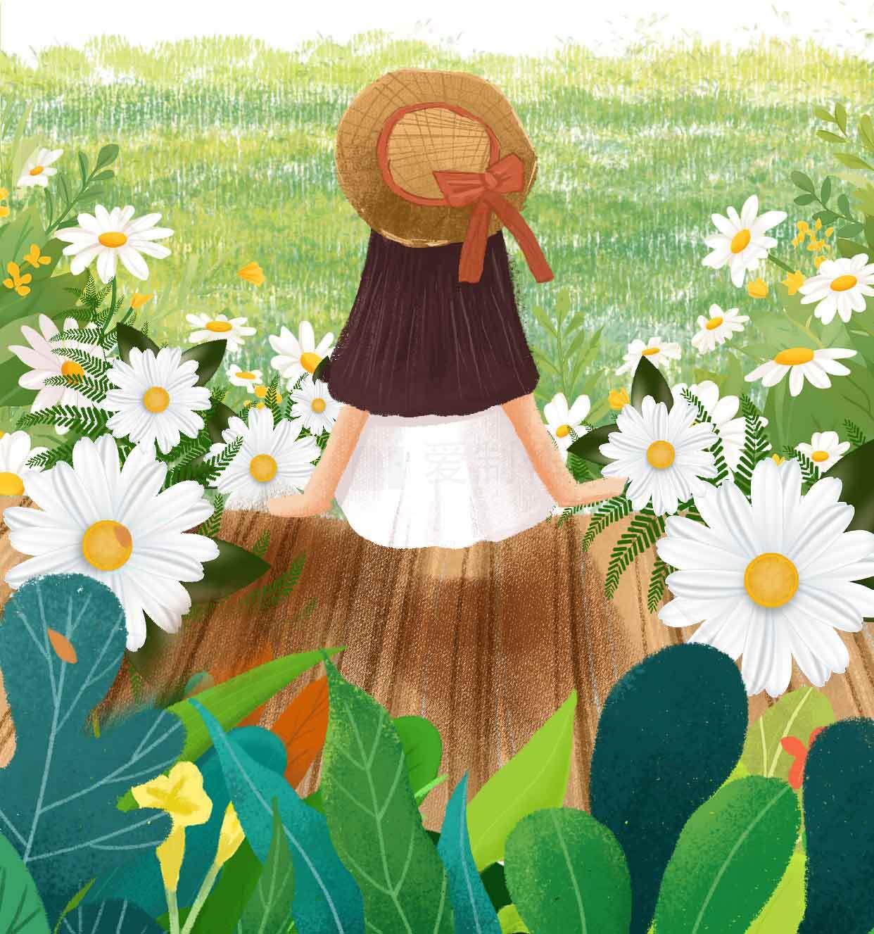 田园少女与雏菊的夏日时光素材