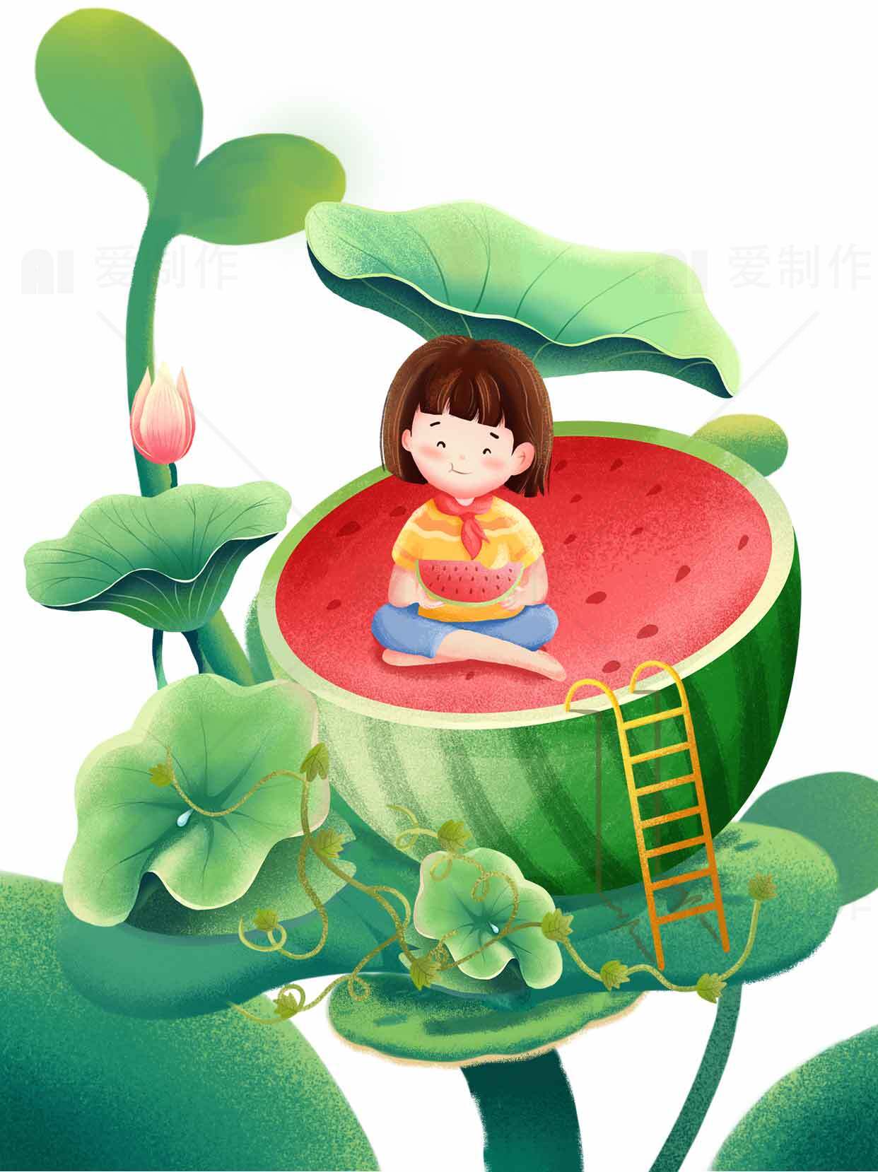 创意西瓜童趣插画设计素材