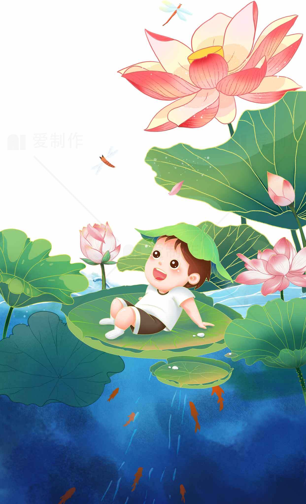荷花池中的童趣插画素材