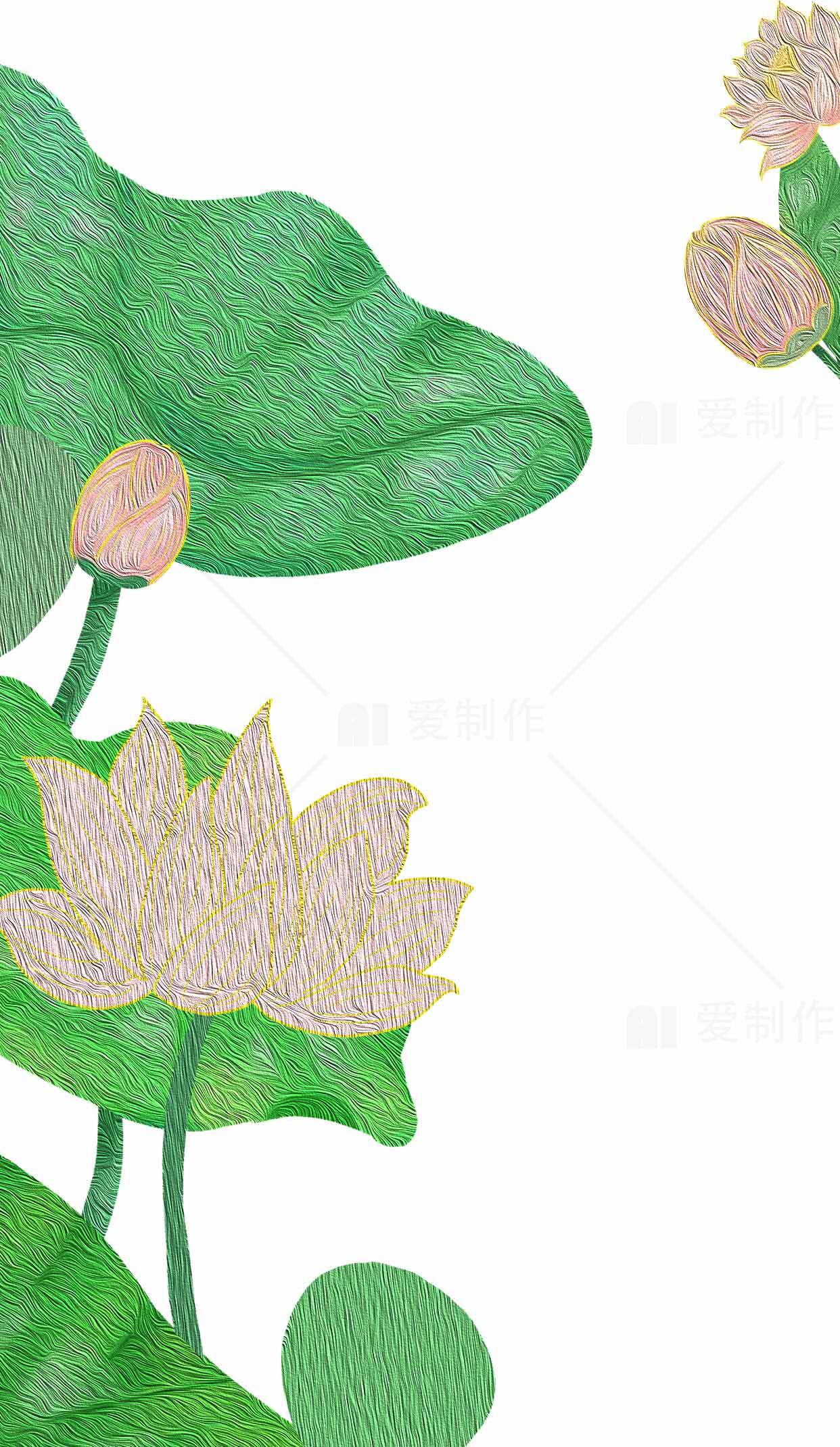 手绘荷花与绿叶背景图片素材