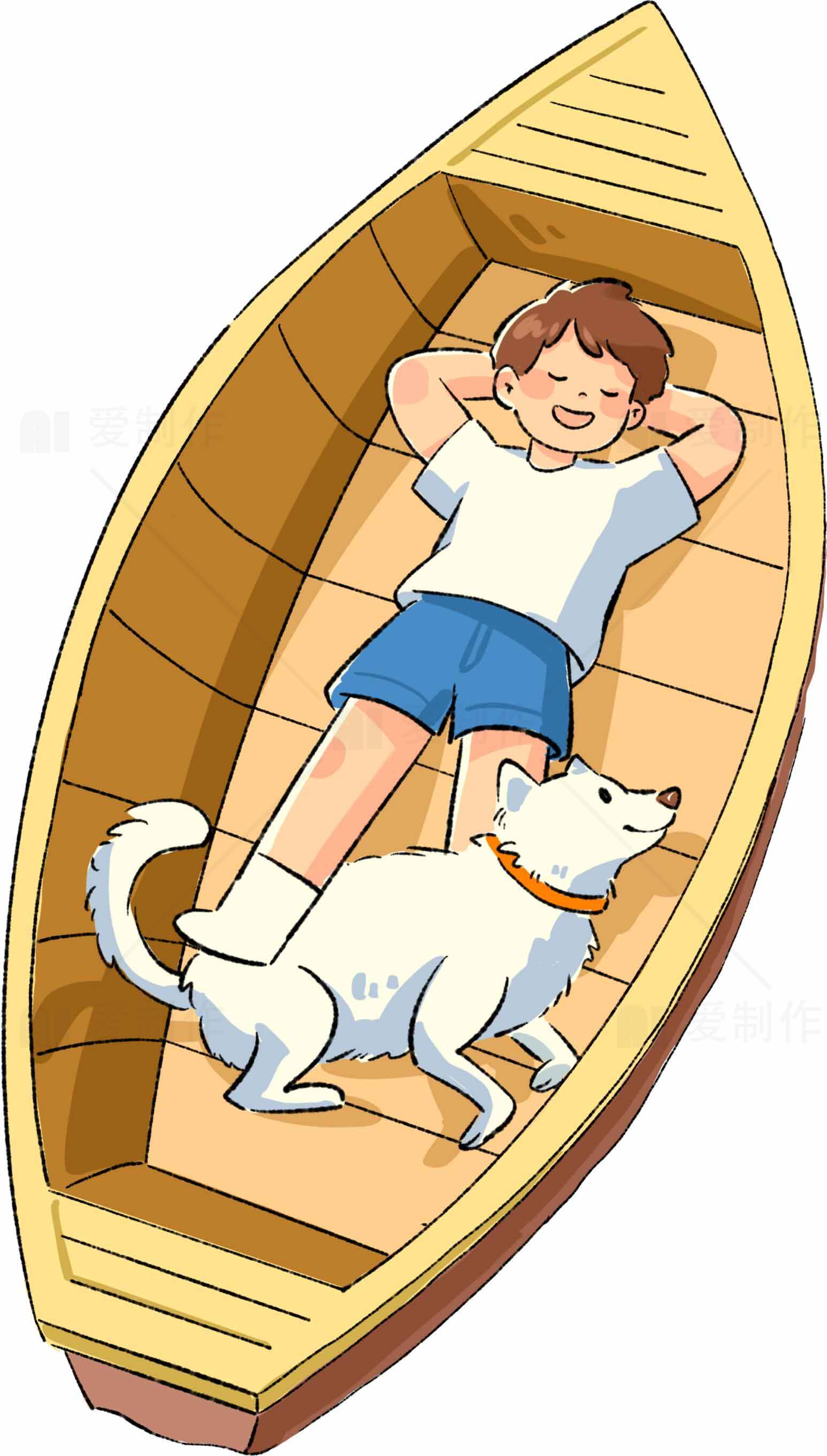 男孩与狗在木船上悠闲时光插画素材