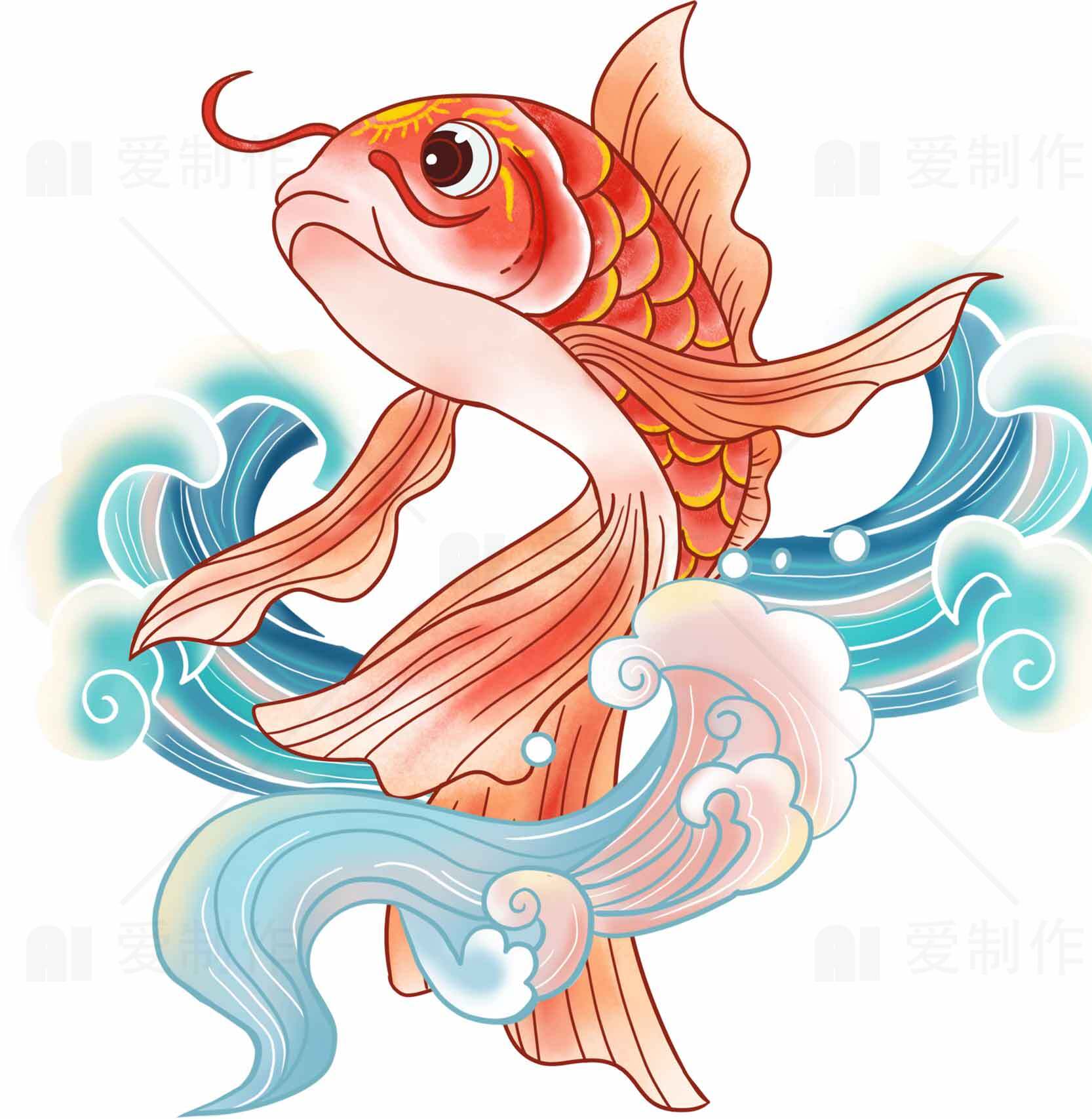 中国风金鱼与水浪插画设计素材
